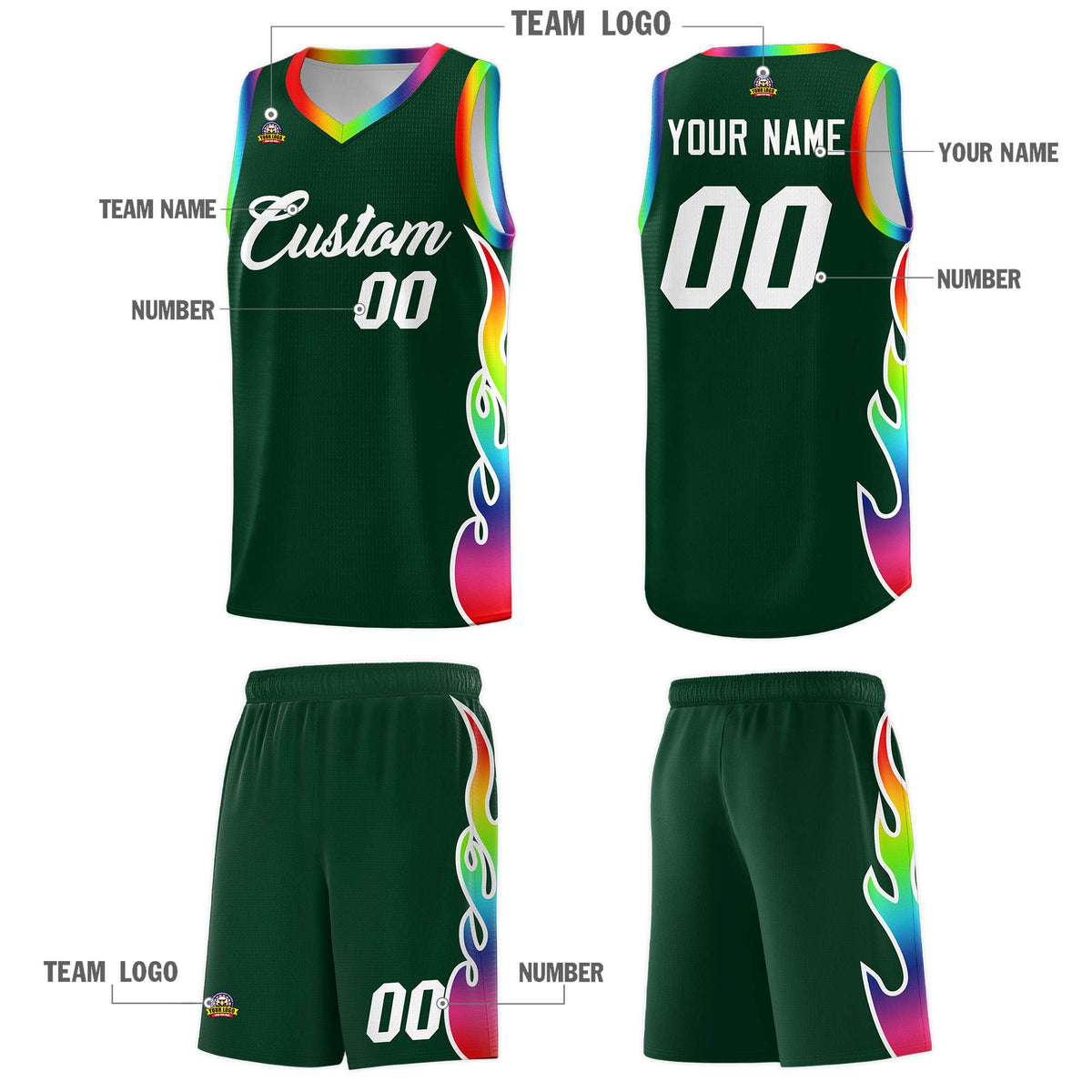 Custom Hunter Green Side Flame Pattern Fashion Sports Uniform Basketball Jersey|KXKSHOP