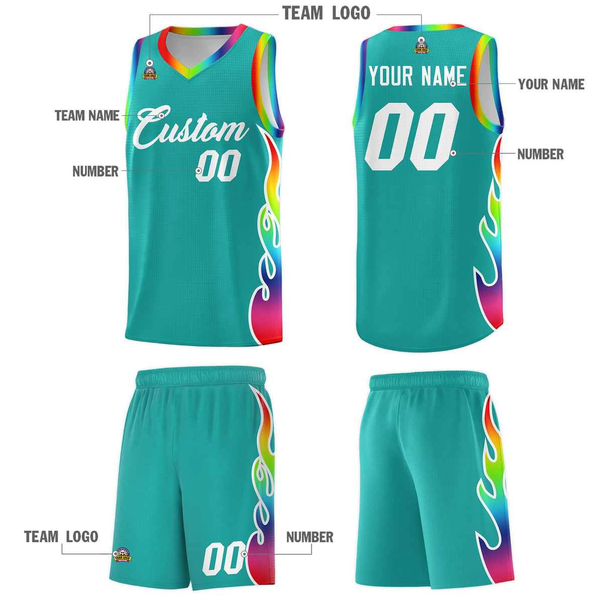 Custom Aqua Side Flame Pattern Fashion Sports Uniform Basketball Jersey|KXKSHOP