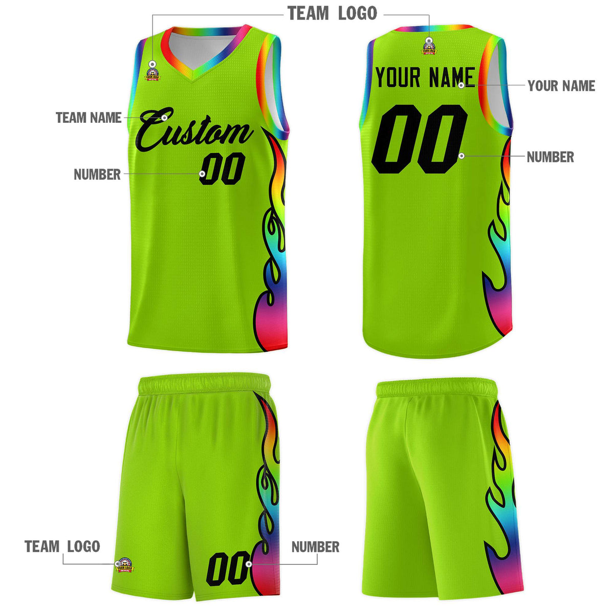 Custom Neon Green Side Flame Pattern Fashion Sports Uniform Basketball Jersey|KXKSHOP