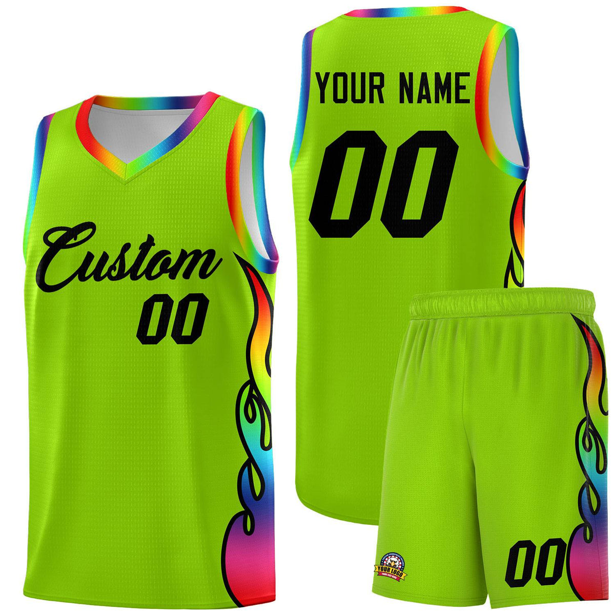 Custom Neon Green Side Flame Pattern Fashion Sports Uniform Basketball Jersey|KXKSHOP