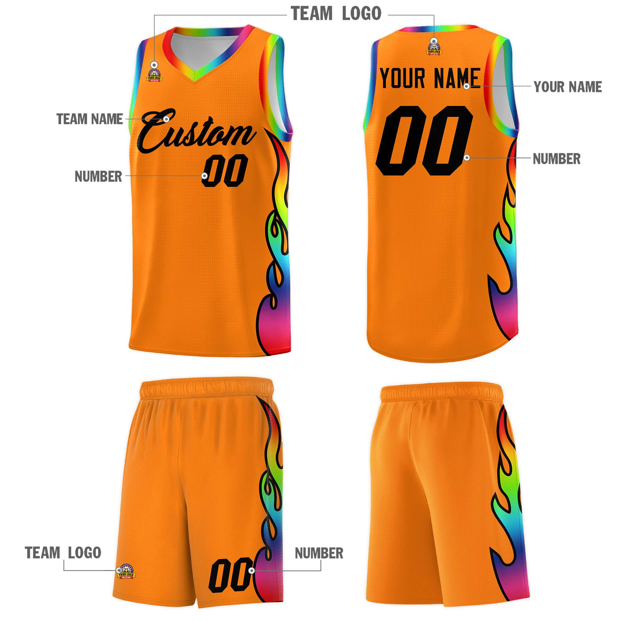 Custom Orange Side Flame Pattern Fashion Sports Uniform Basketball Jersey|KXKSHOP