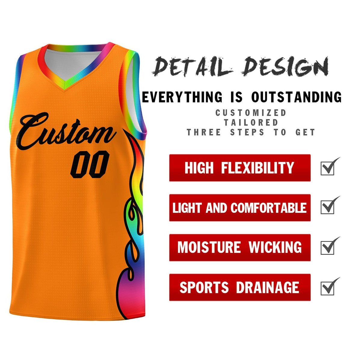 Custom Orange Side Flame Pattern Fashion Sports Uniform Basketball Jersey|KXKSHOP