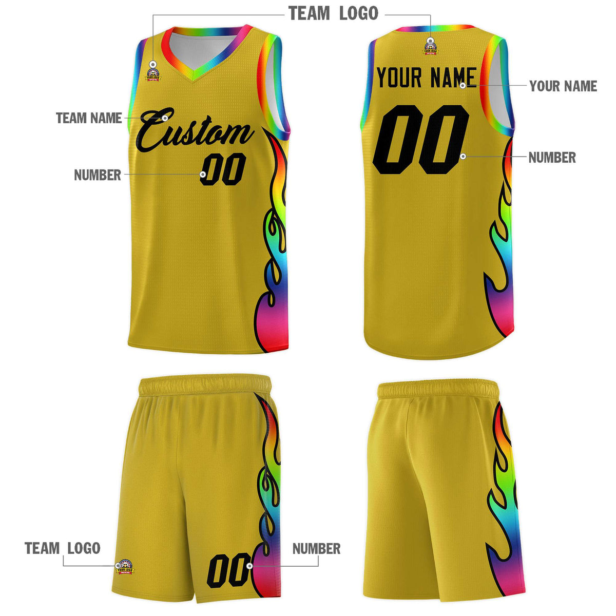 Custom Old Gold Side Flame Pattern Fashion Sports Uniform Basketball Jersey|KXKSHOP
