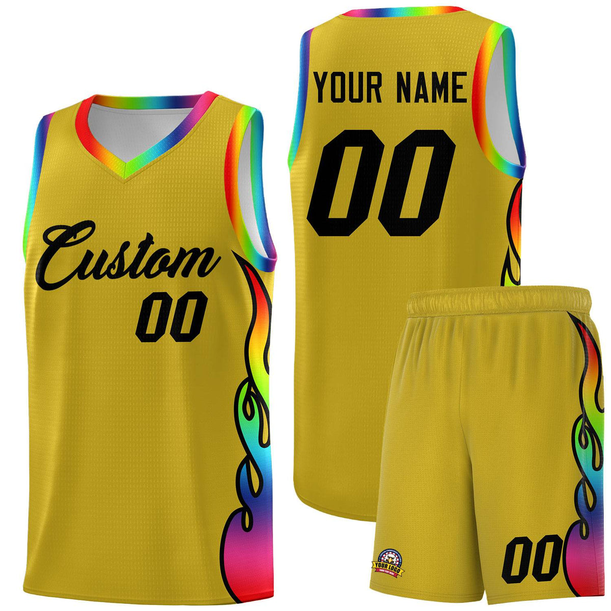 Custom Old Gold Side Flame Pattern Fashion Sports Uniform Basketball Jersey|KXKSHOP