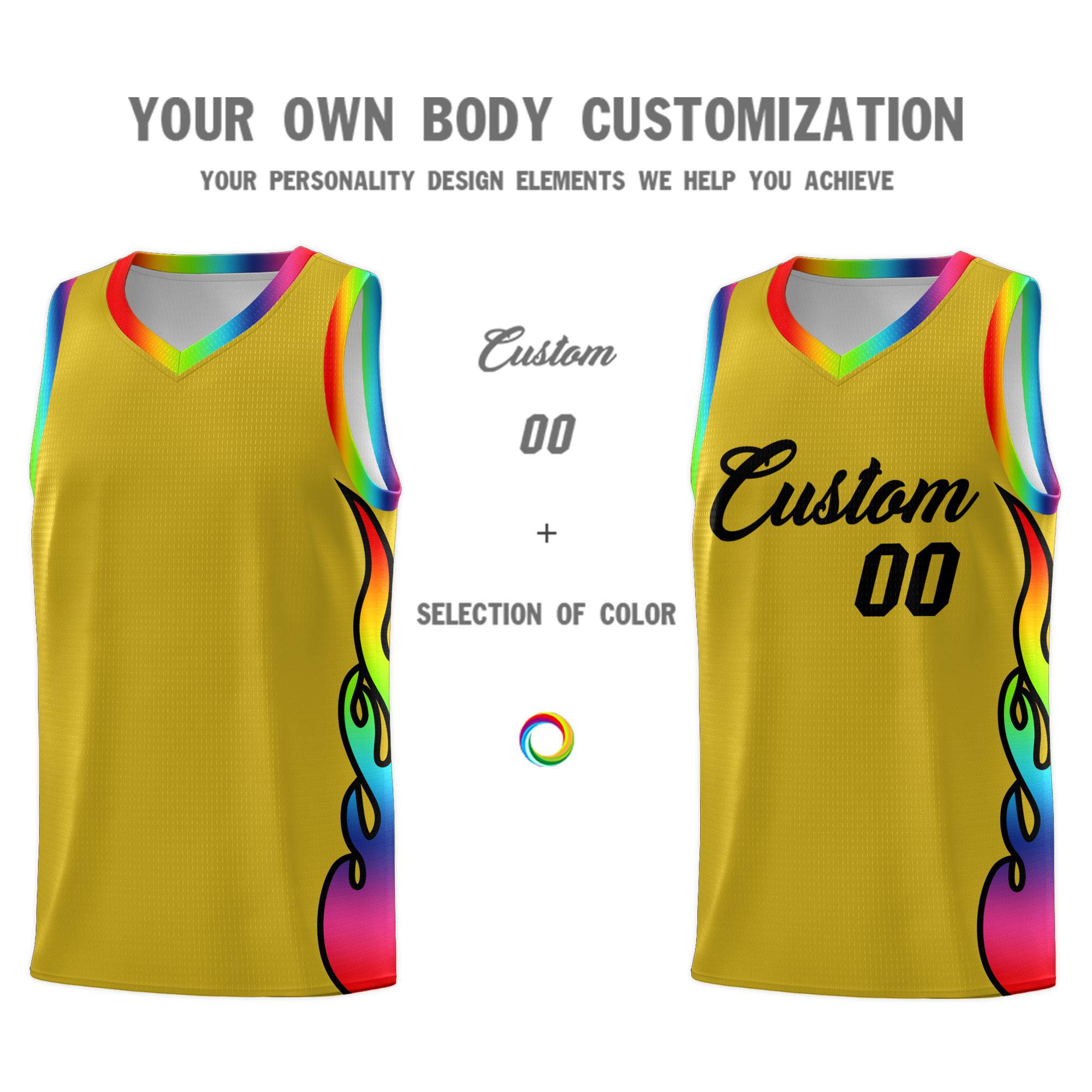 Custom Old Gold Side Flame Pattern Fashion Sports Uniform Basketball Jersey|KXKSHOP