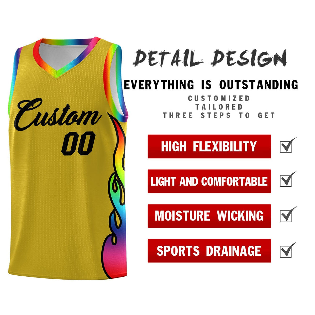 Custom Old Gold Side Flame Pattern Fashion Sports Uniform Basketball Jersey|KXKSHOP