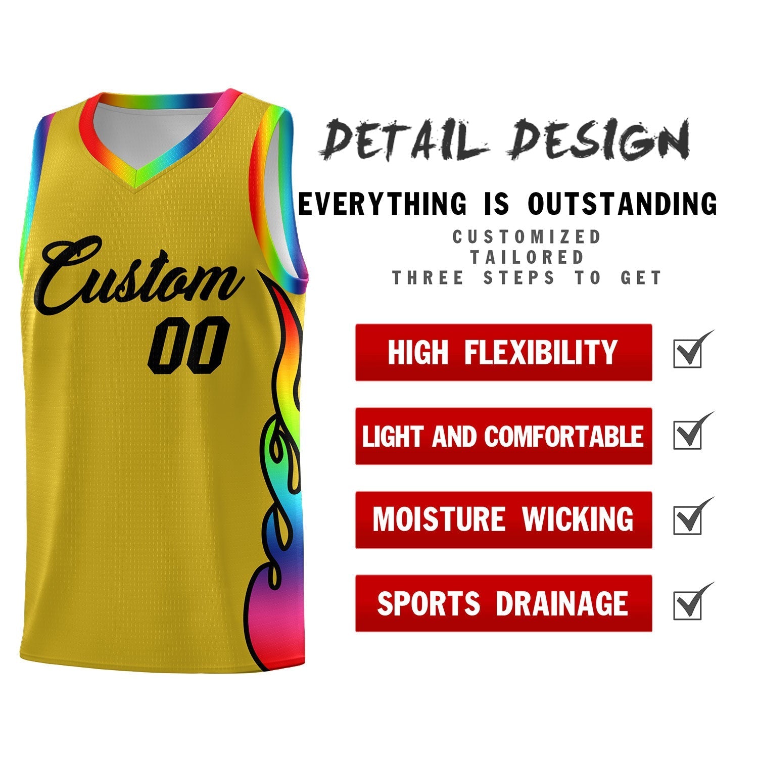 Custom Old Gold Side Flame Pattern Fashion Sports Uniform Basketball Jersey|KXKSHOP