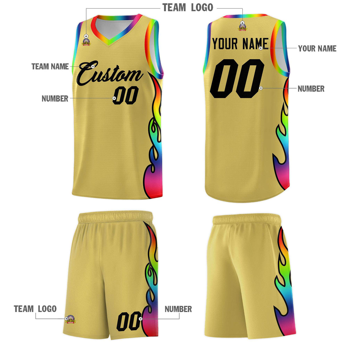 Custom Old Gold Side Flame Pattern Fashion Sports Uniform Basketball Jersey|KXKSHOP