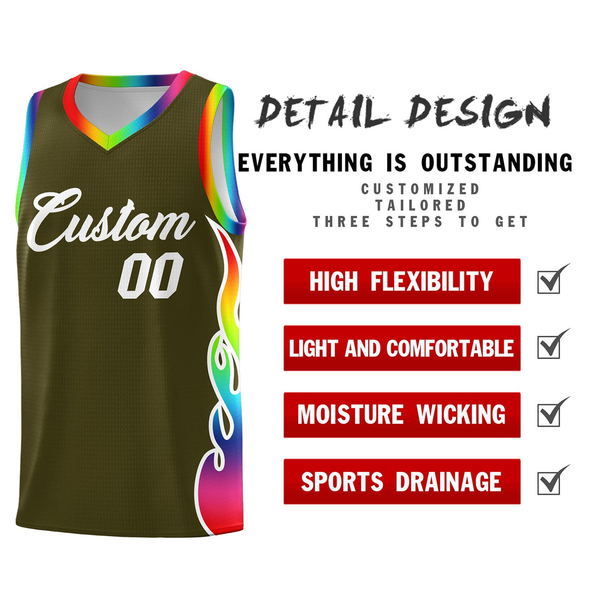 Custom Olive Side Flame Pattern Fashion Sports Uniform Basketball Jersey|KXKSHOP