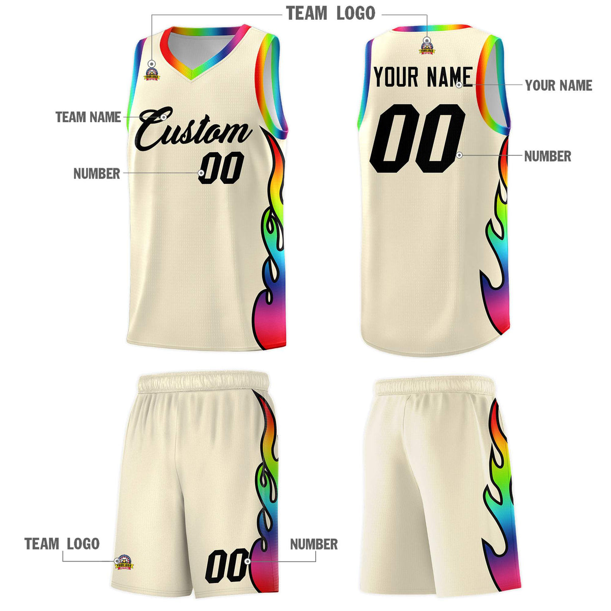 Custom Cream Side Flame Pattern Fashion Sports Uniform Basketball Jersey|KXKSHOP