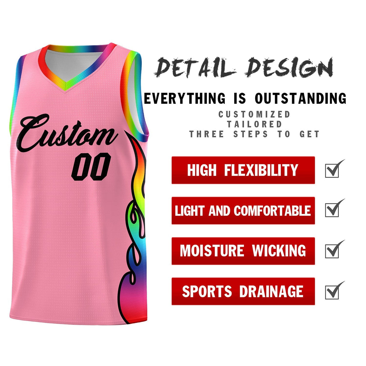 Custom Light Pink Side Flame Pattern Fashion Sports Uniform Basketball Jersey|KXKSHOP
