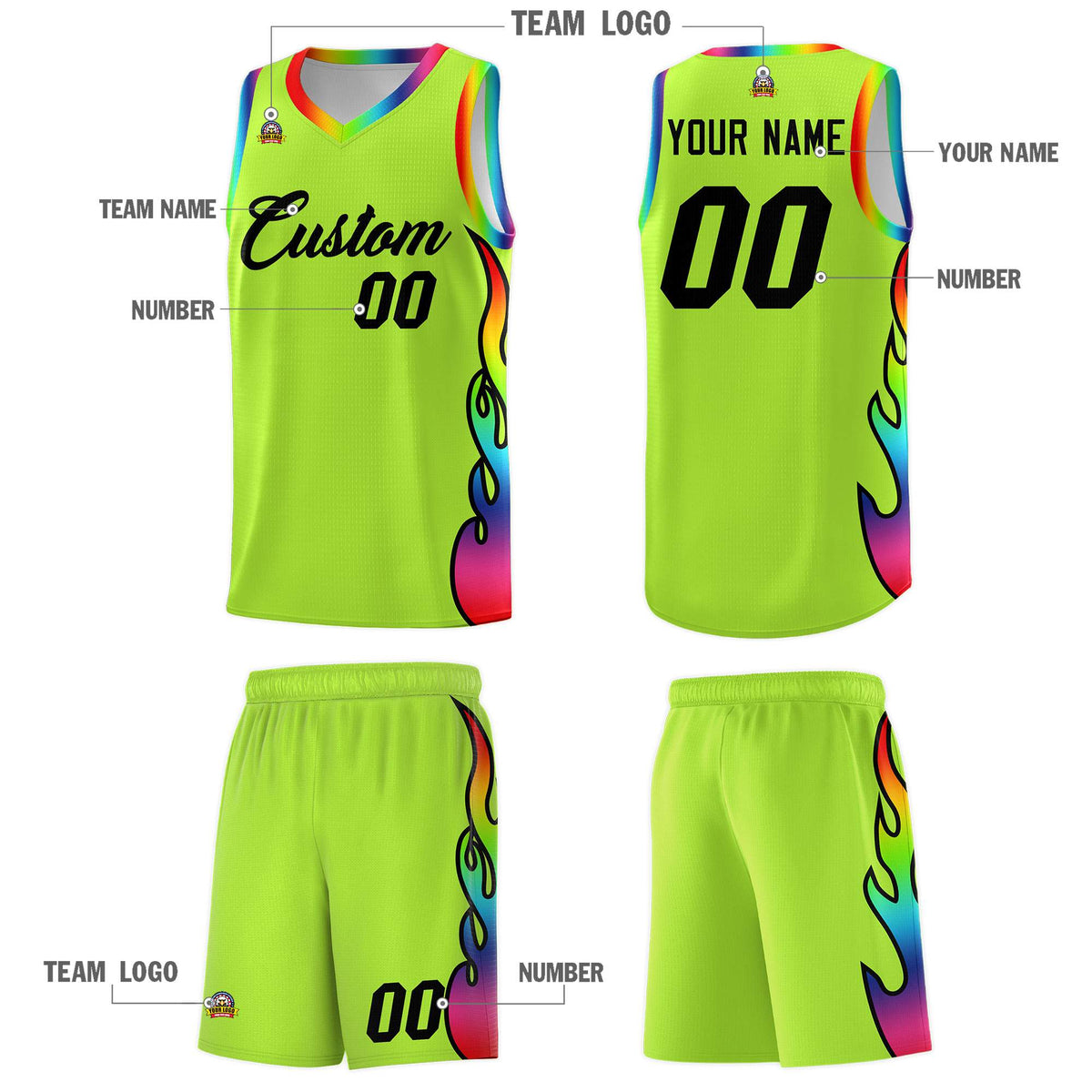 Custom Neon Green Side Flame Pattern Fashion Sports Uniform Basketball Jersey|KXKSHOP
