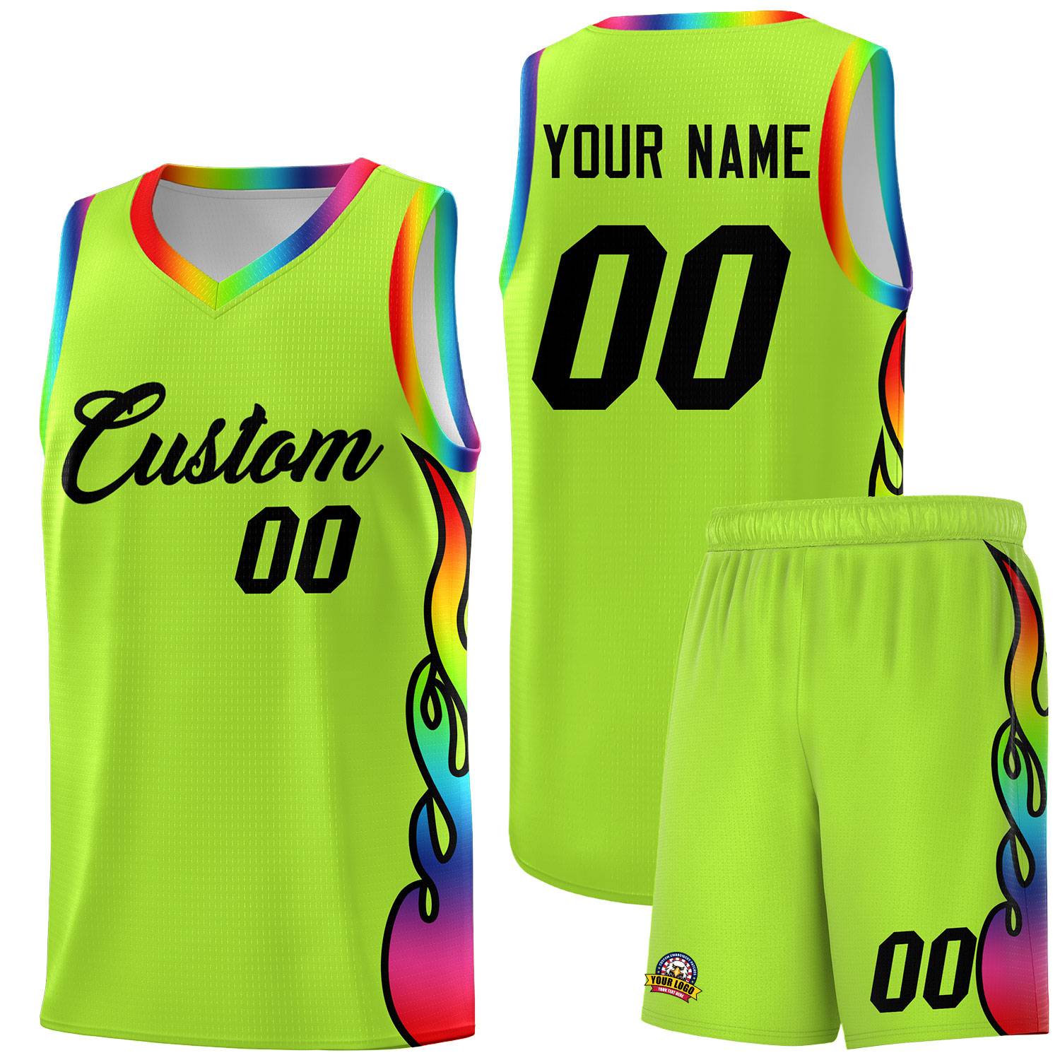 Custom Neon Green Side Flame Pattern Fashion Sports Uniform Basketball Jersey|KXKSHOP