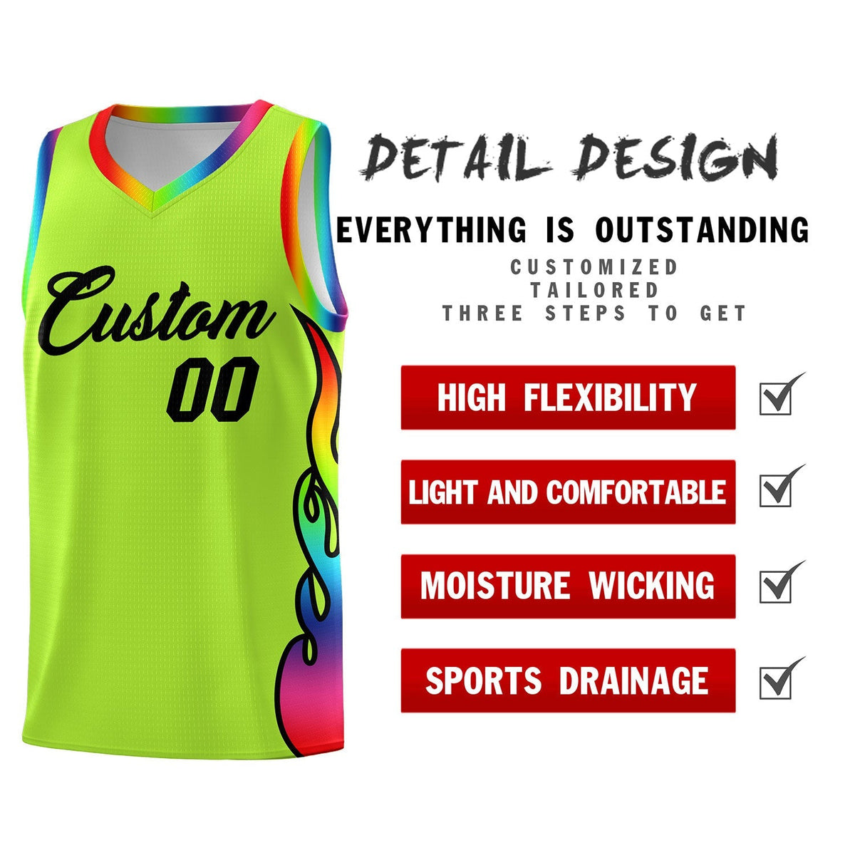 Custom Neon Green Side Flame Pattern Fashion Sports Uniform Basketball Jersey|KXKSHOP