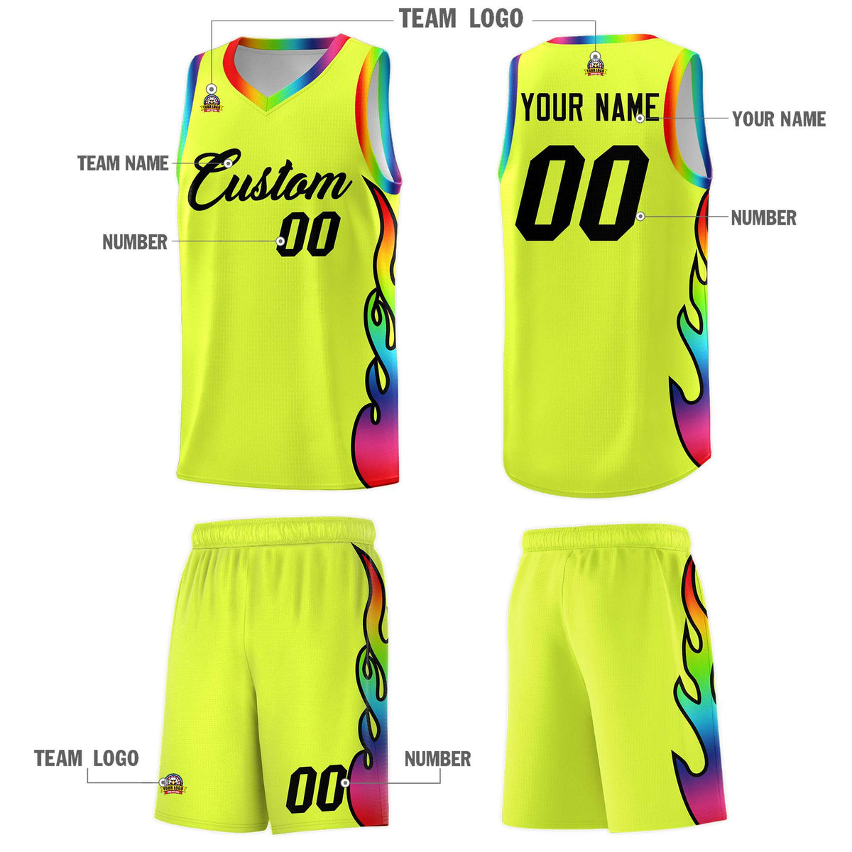 Custom Fluorescent Green Side Flame Pattern Fashion Sports Uniform Basketball Jersey|KXKSHOP