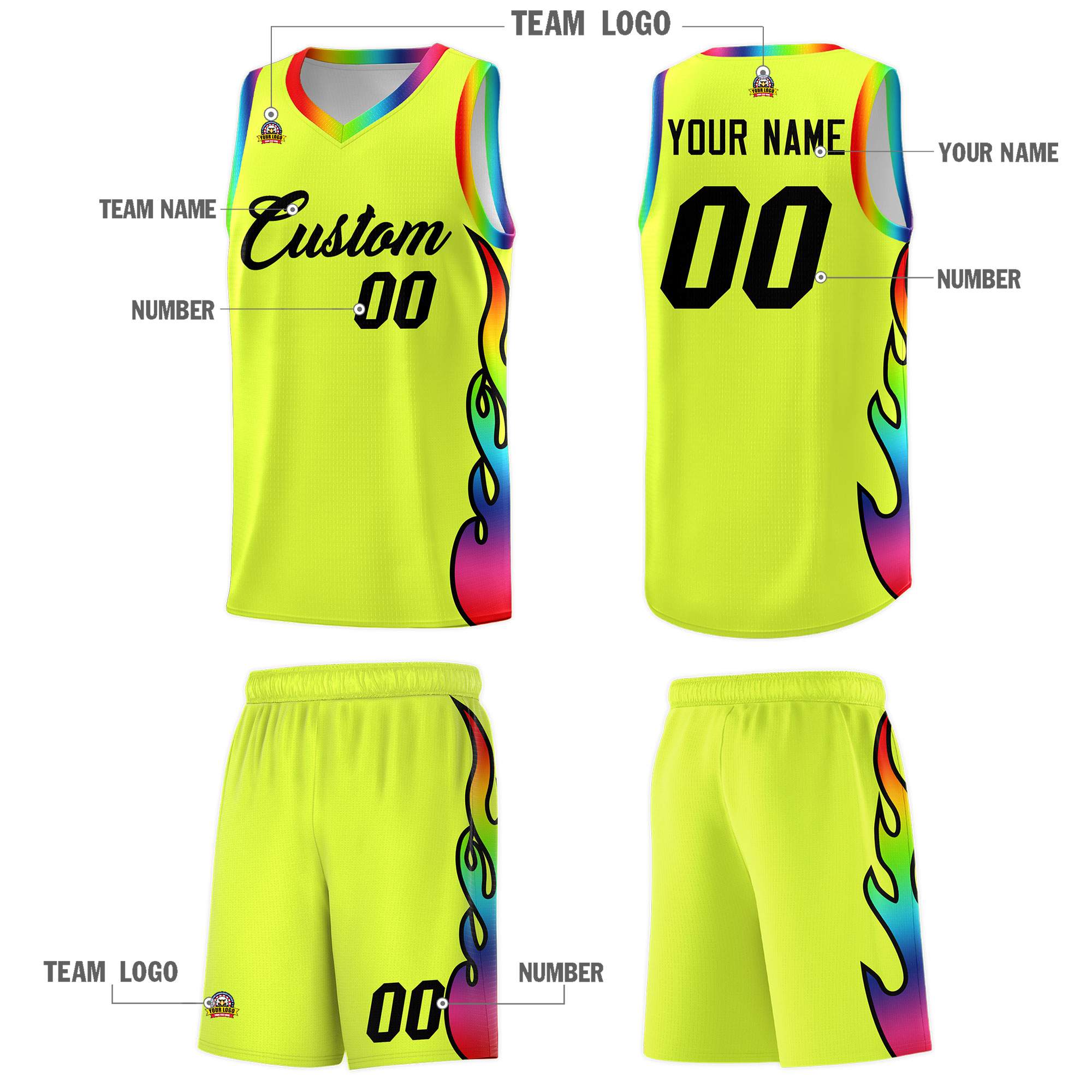 Custom Fluorescent Green Side Flame Pattern Fashion Sports Uniform Basketball Jersey|KXKSHOP