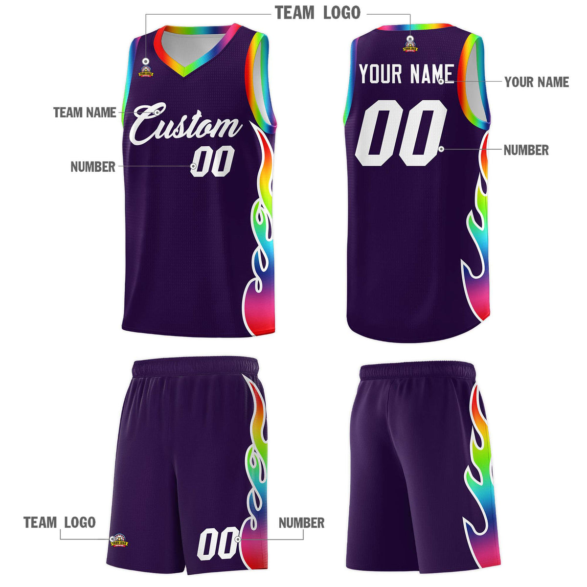 Custom Purple Side Flame Pattern Fashion Sports Uniform Basketball Jersey|KXKSHOP