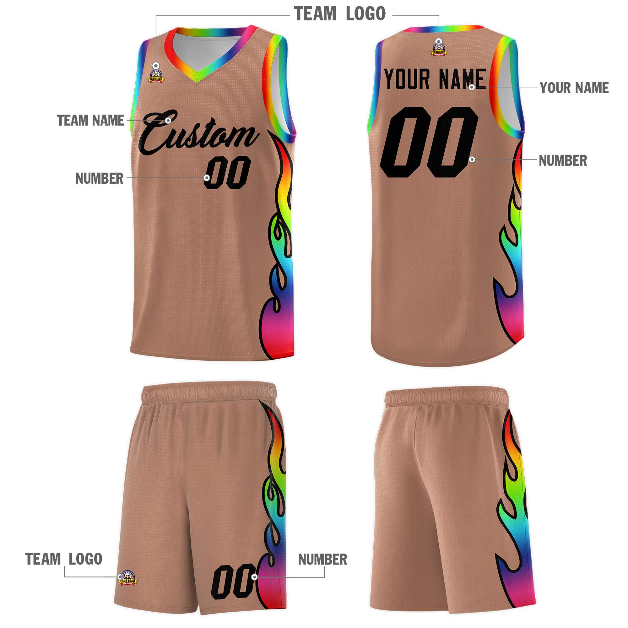 Custom Light Brown Side Flame Pattern Fashion Sports Uniform Basketball Jersey|KXKSHOP
