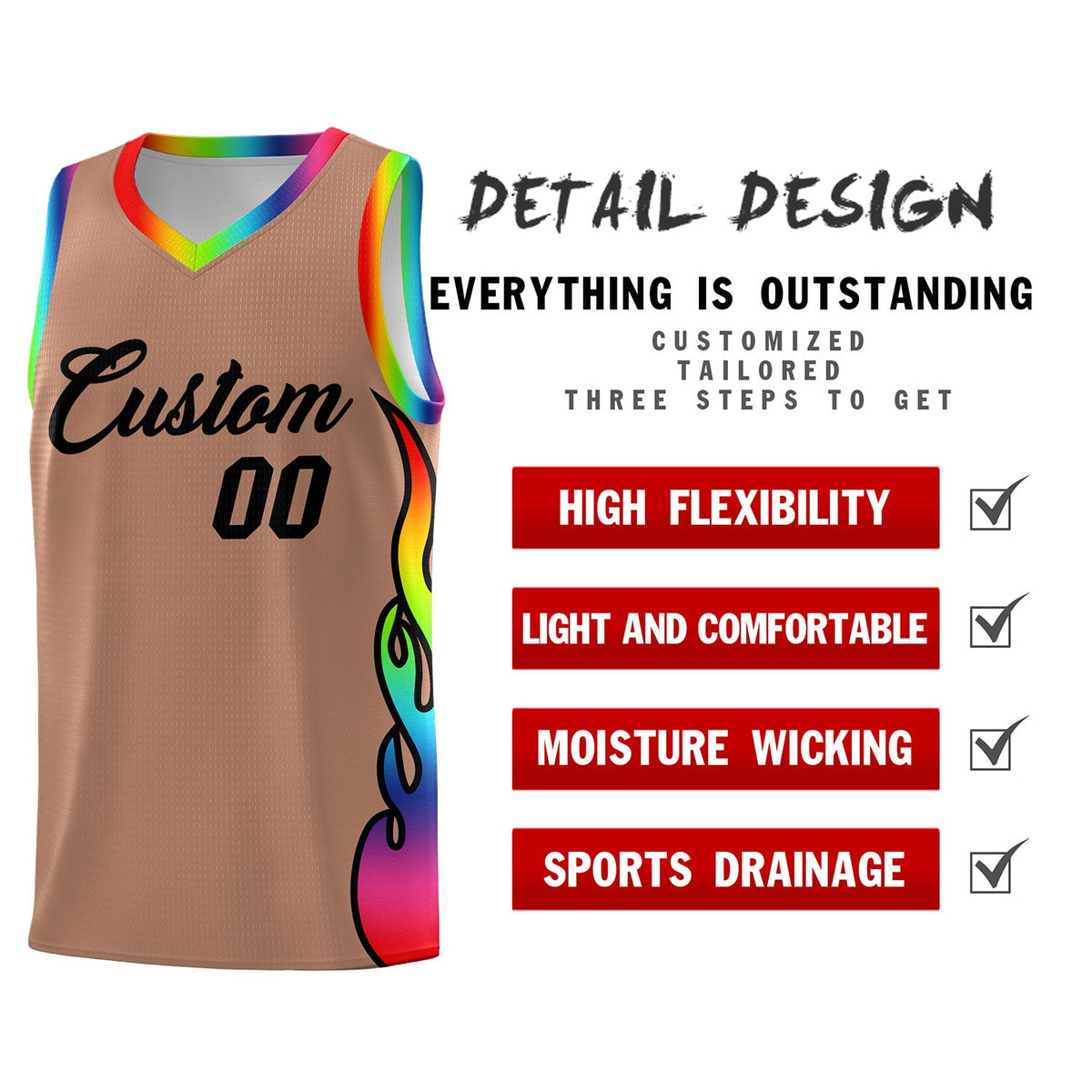 Custom Light Brown Side Flame Pattern Fashion Sports Uniform Basketball Jersey|KXKSHOP