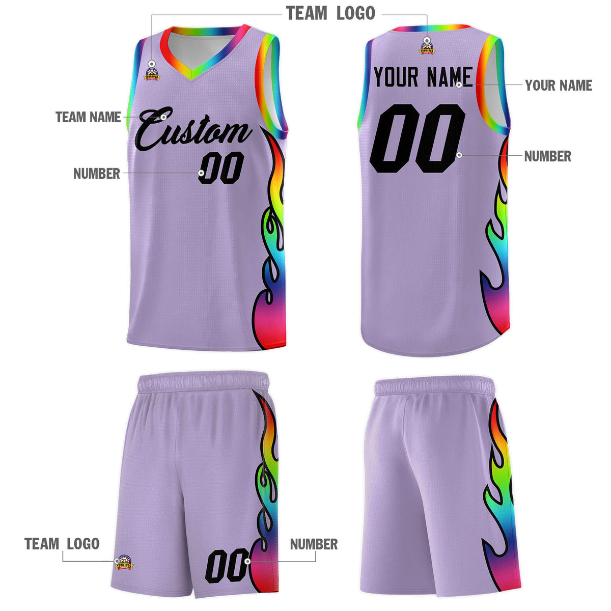 Custom Light Purple Side Flame Pattern Fashion Sports Uniform Basketball Jersey|KXKSHOP