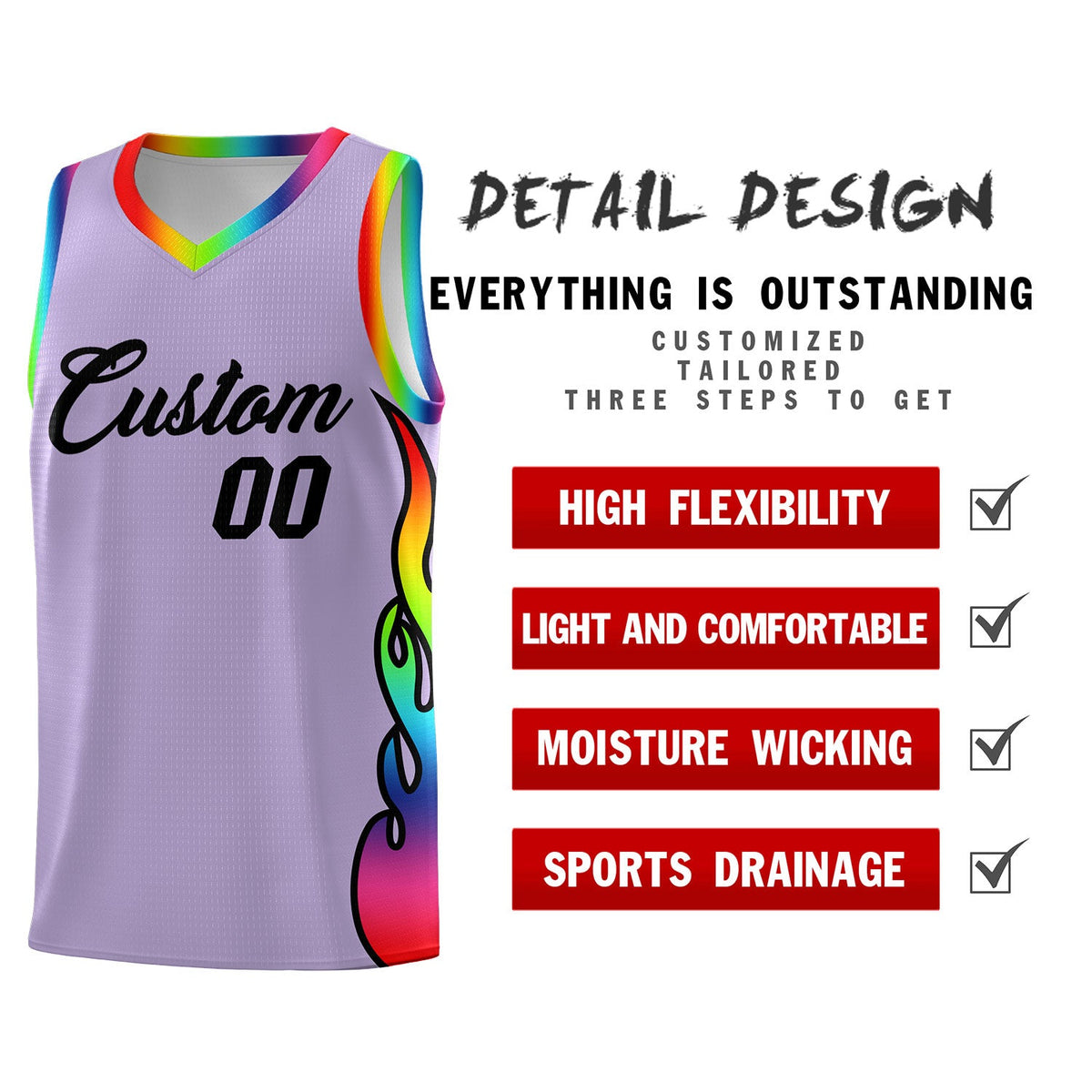 Custom Light Purple Side Flame Pattern Fashion Sports Uniform Basketball Jersey|KXKSHOP
