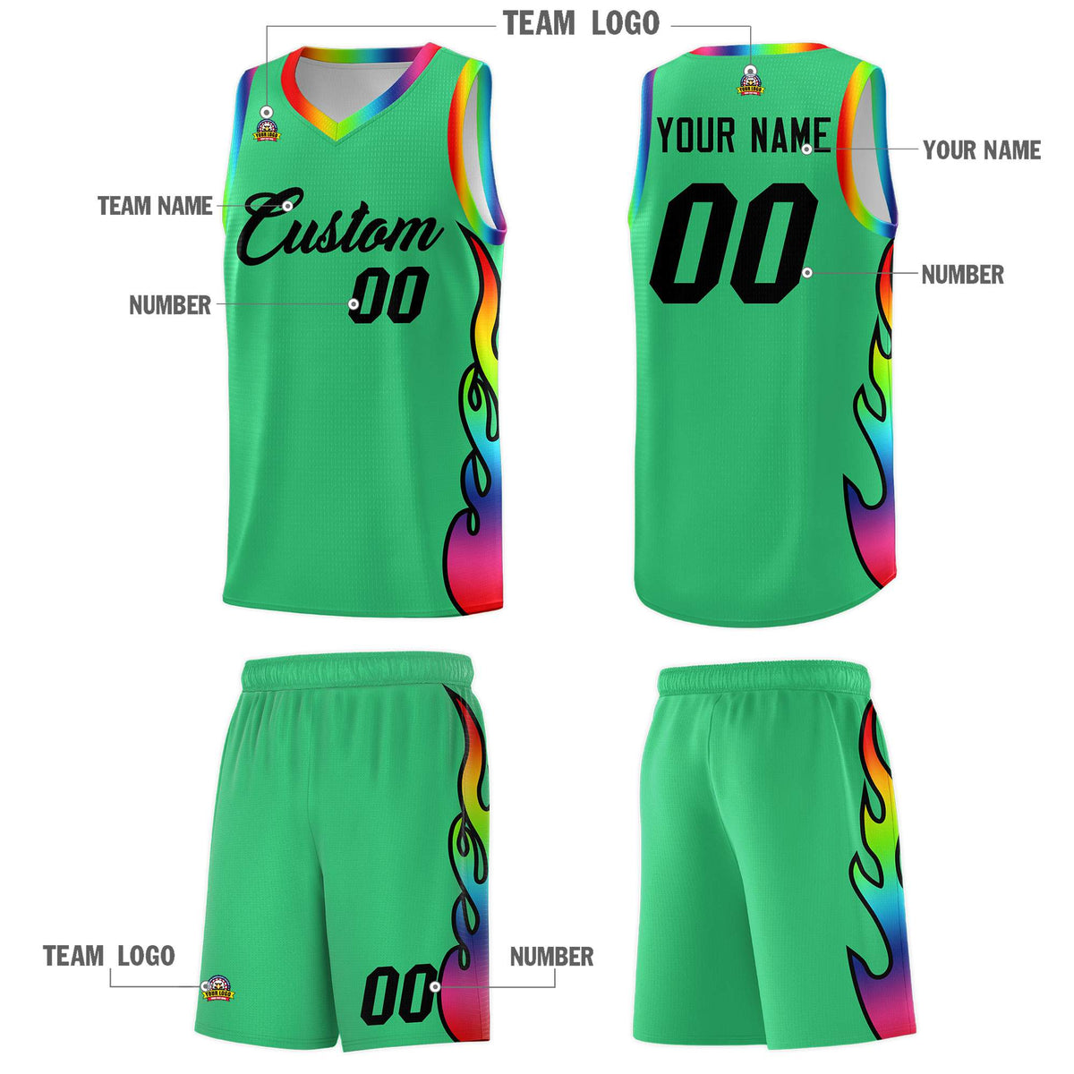 Custom Kelly Green Side Flame Pattern Fashion Sports Uniform Basketball Jersey|KXKSHOP
