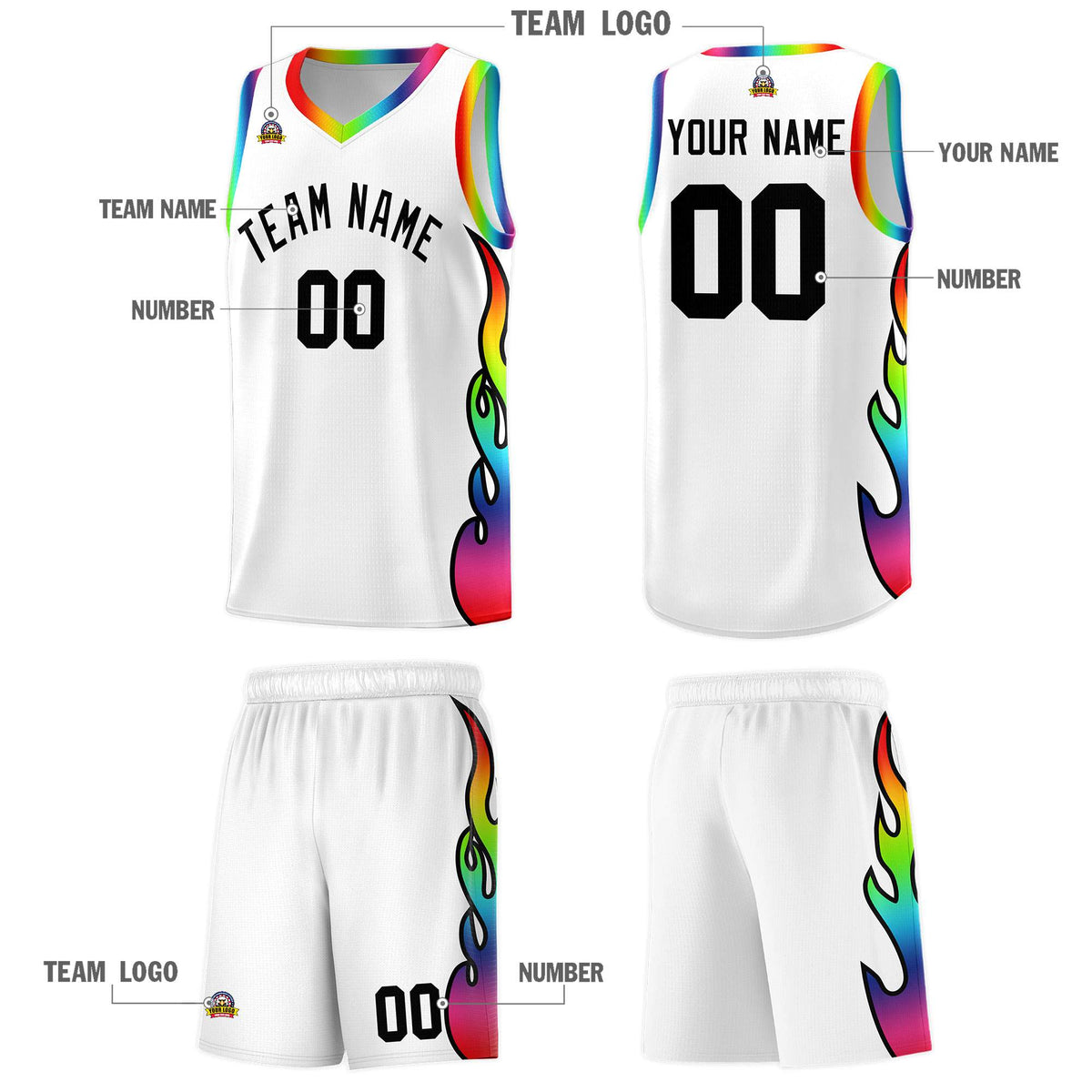 Custom White Side Flame Pattern Fashion Sports Uniform Basketball Jersey|KXKSHOP