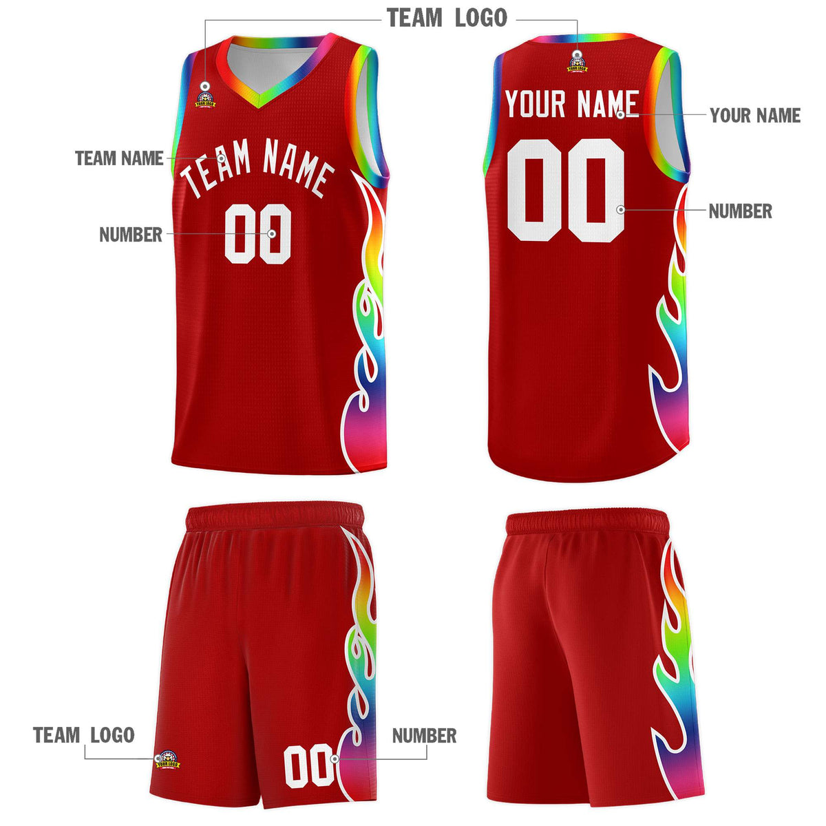Custom Red Side Flame Pattern Fashion Sports Uniform Basketball Jersey|KXKSHOP