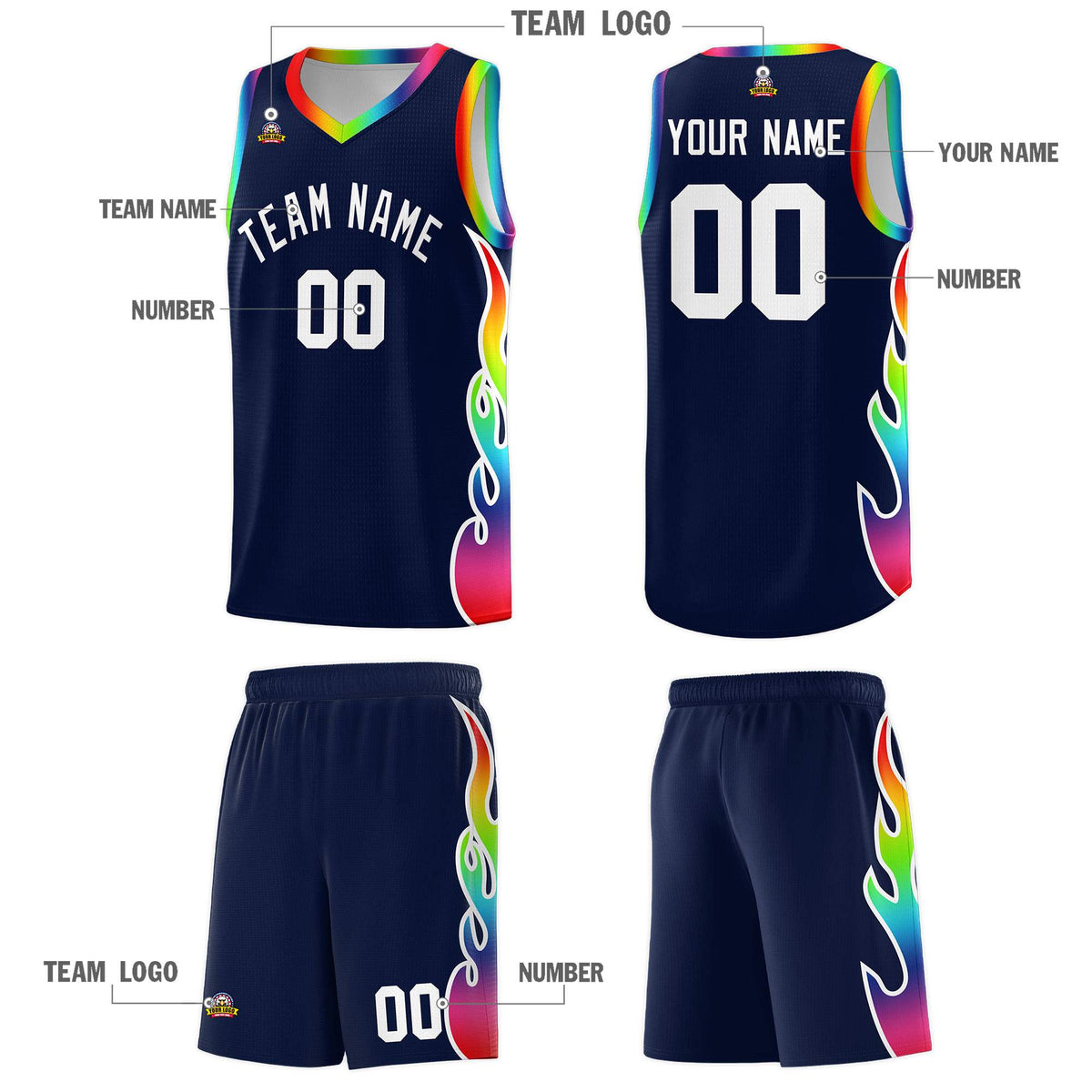 Custom Navy Side Flame Pattern Fashion Sports Uniform Basketball Jersey|KXKSHOP