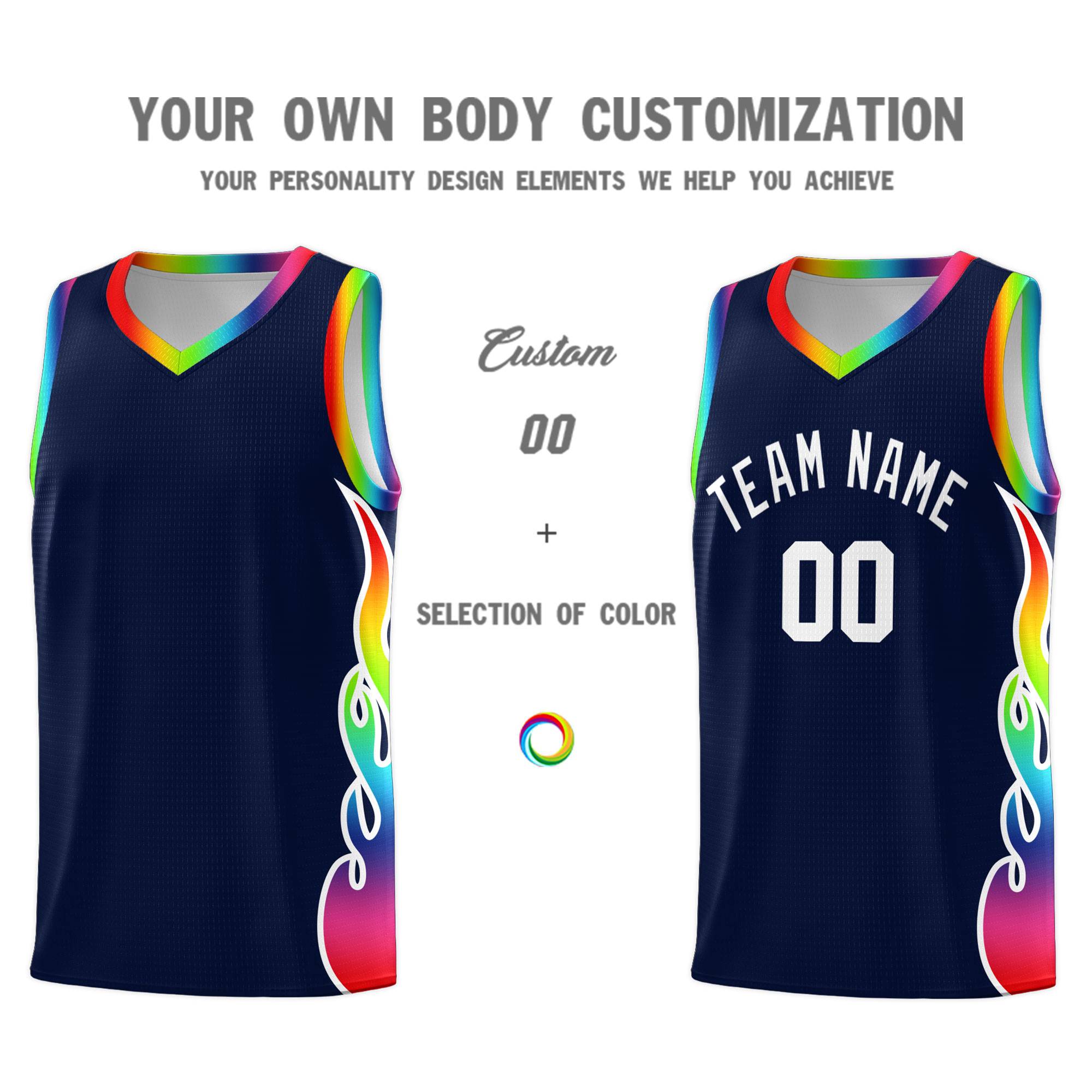 Custom Navy Side Flame Pattern Fashion Sports Uniform Basketball Jersey|KXKSHOP