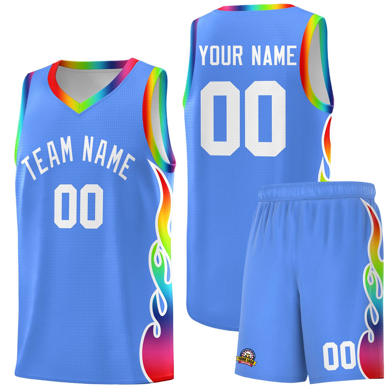 Custom Powder Blue Side Flame Pattern Fashion Sports Uniform Basketball Jersey|KXKSHOP