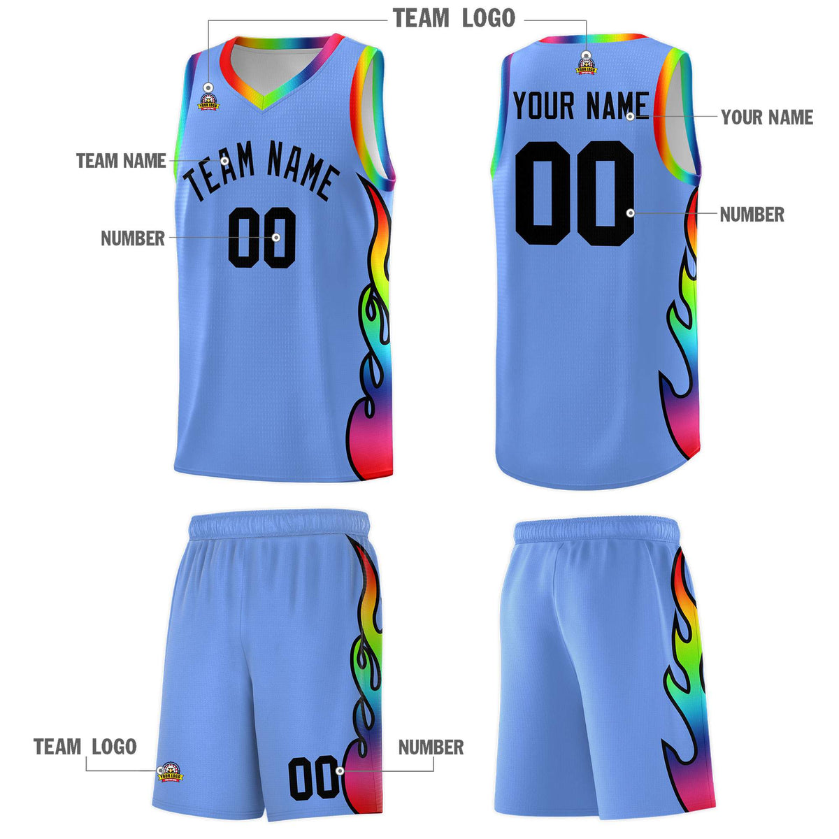 Custom Light Blue Side Flame Pattern Fashion Sports Uniform Basketball Jersey|KXKSHOP