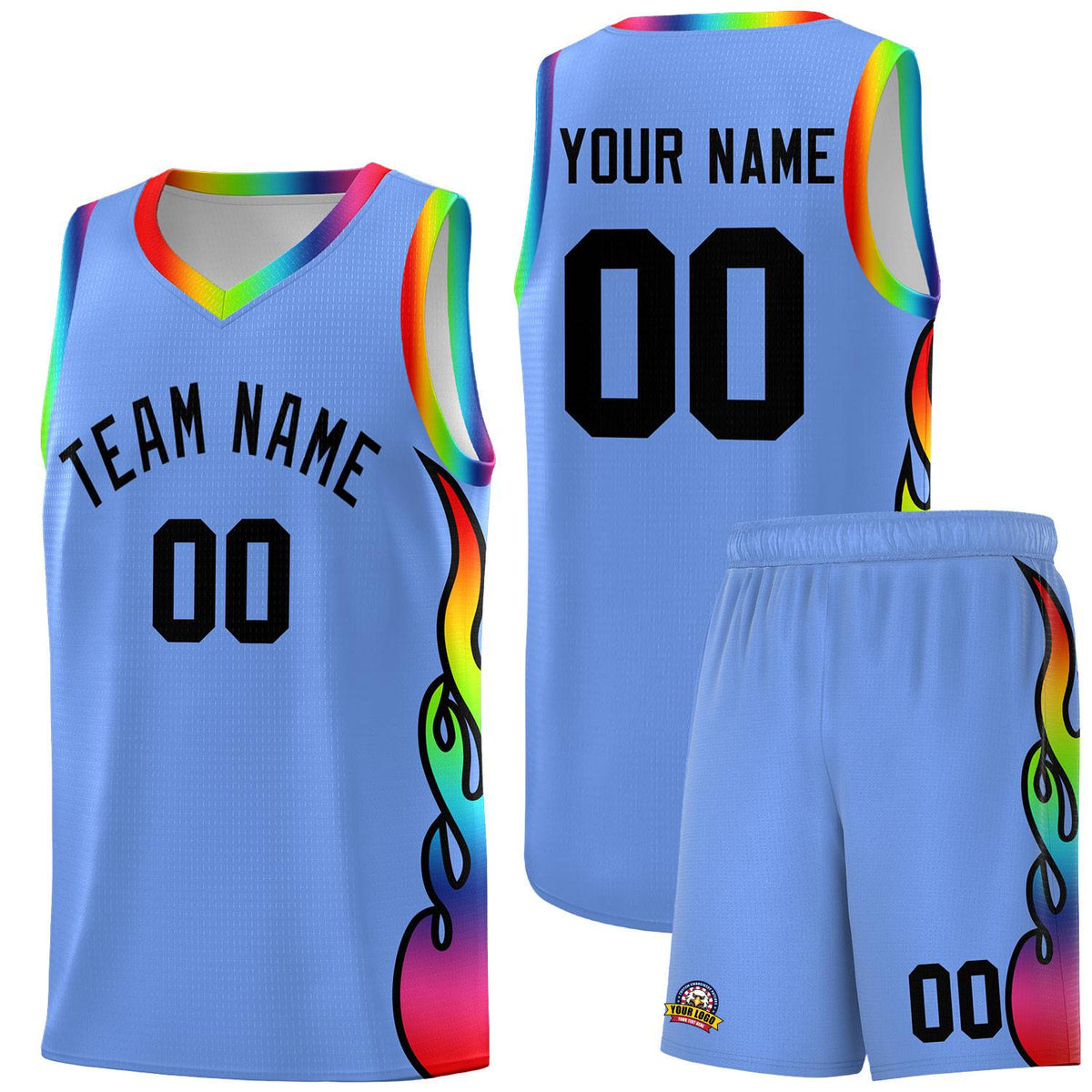 Custom Light Blue Side Flame Pattern Fashion Sports Uniform Basketball Jersey|KXKSHOP
