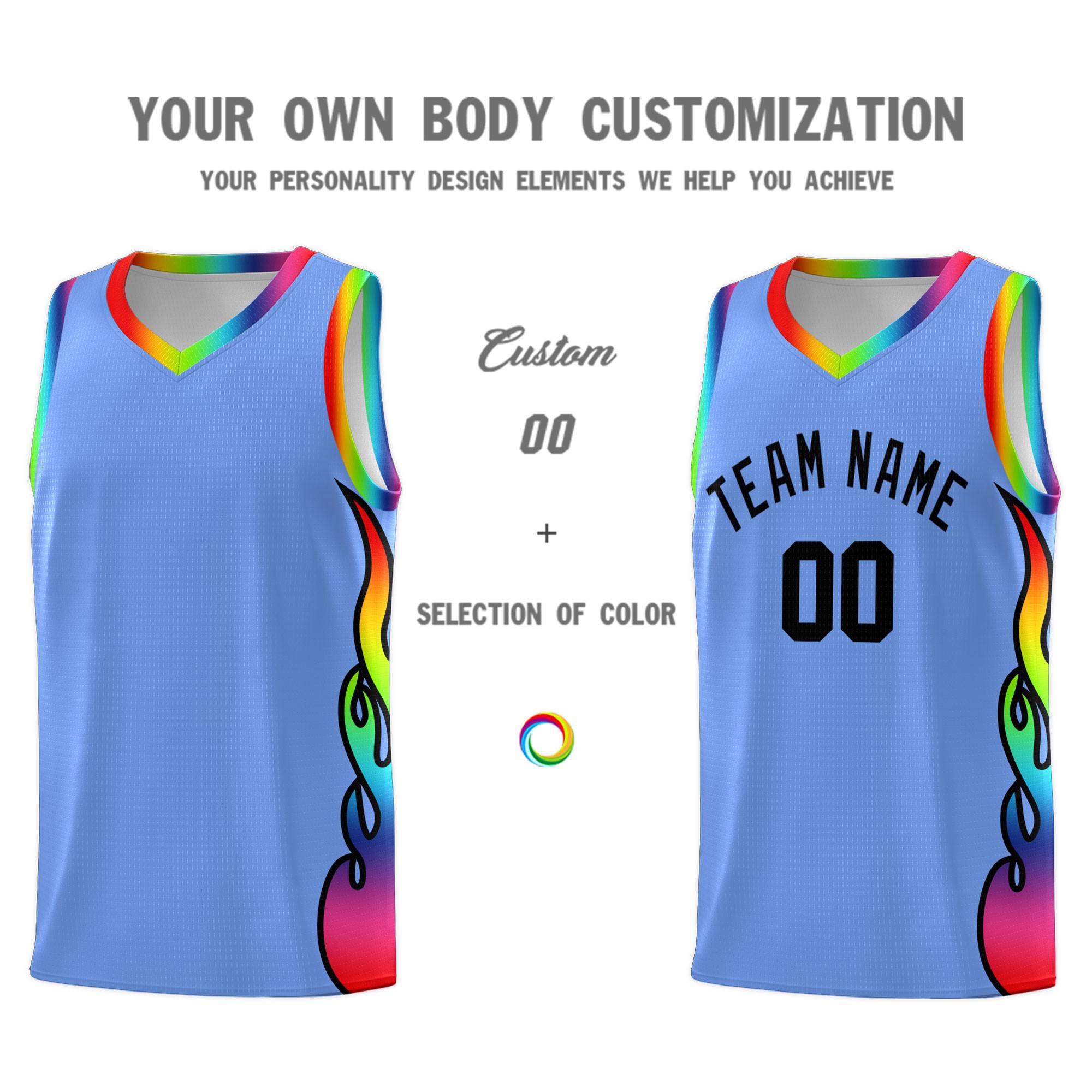 Custom Light Blue Side Flame Pattern Fashion Sports Uniform Basketball Jersey|KXKSHOP