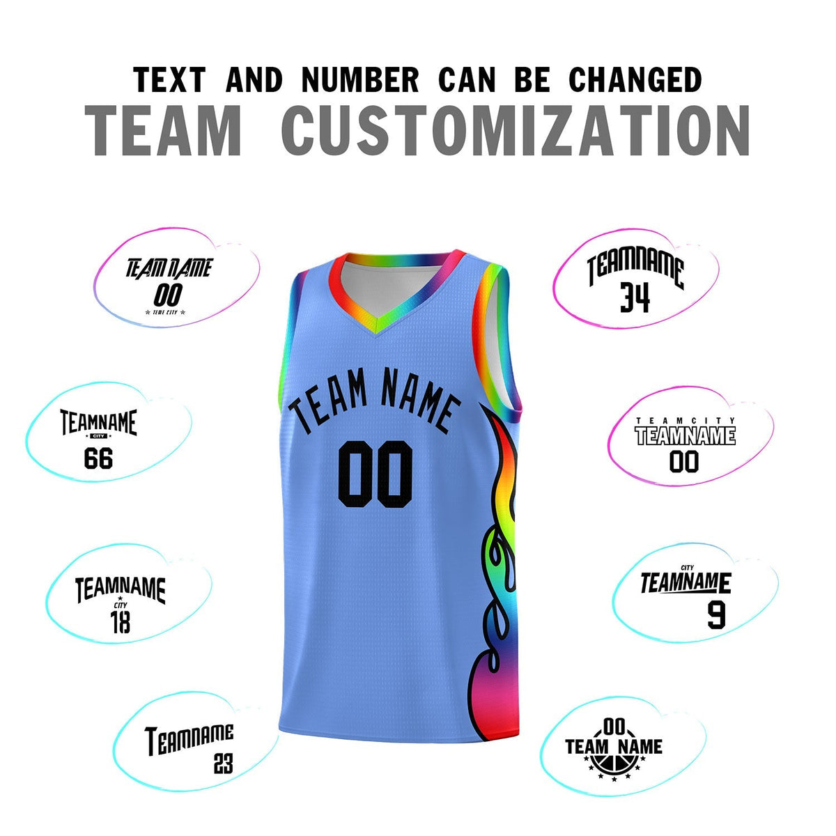 Custom Light Blue Side Flame Pattern Fashion Sports Uniform Basketball Jersey|KXKSHOP