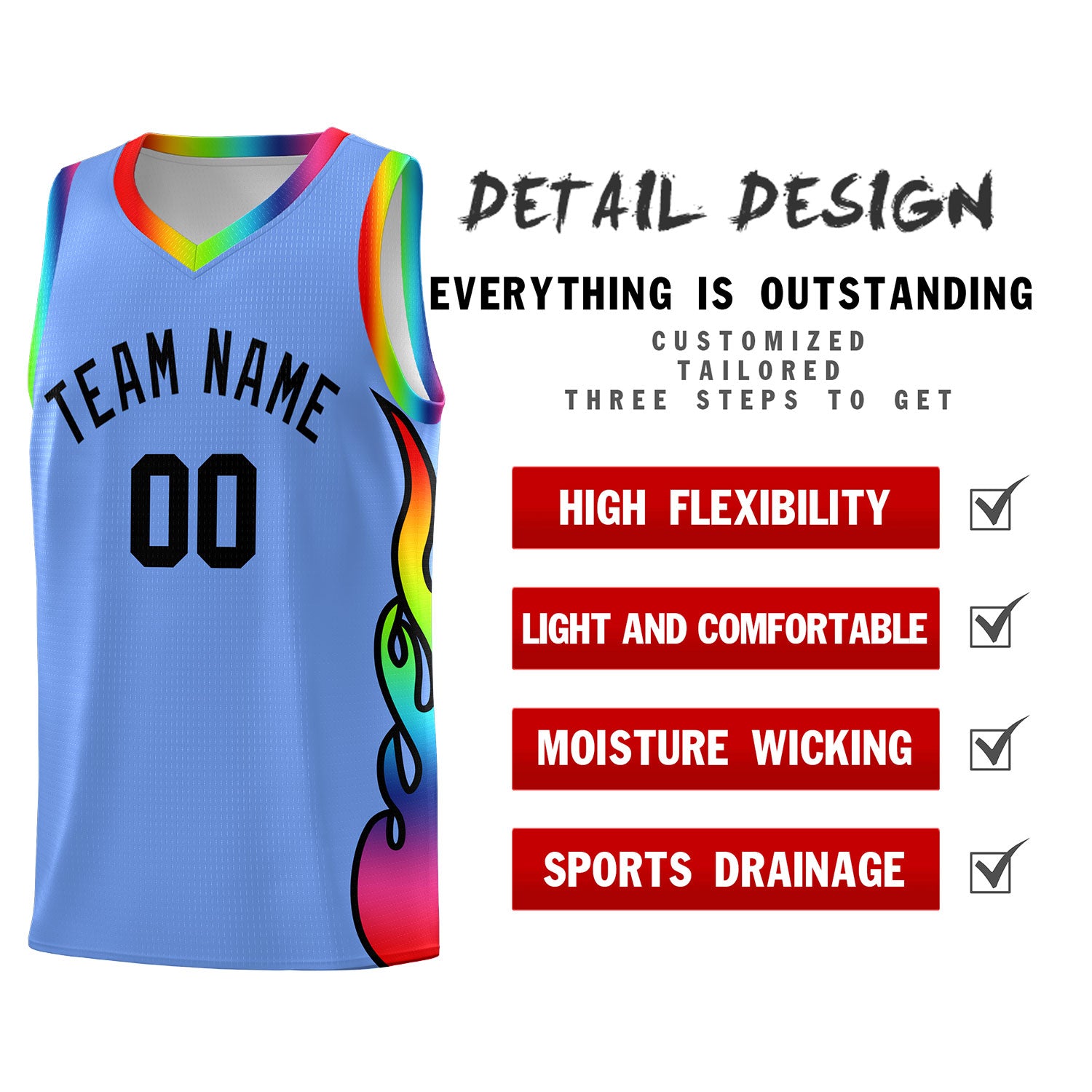 Custom Light Blue Side Flame Pattern Fashion Sports Uniform Basketball Jersey|KXKSHOP