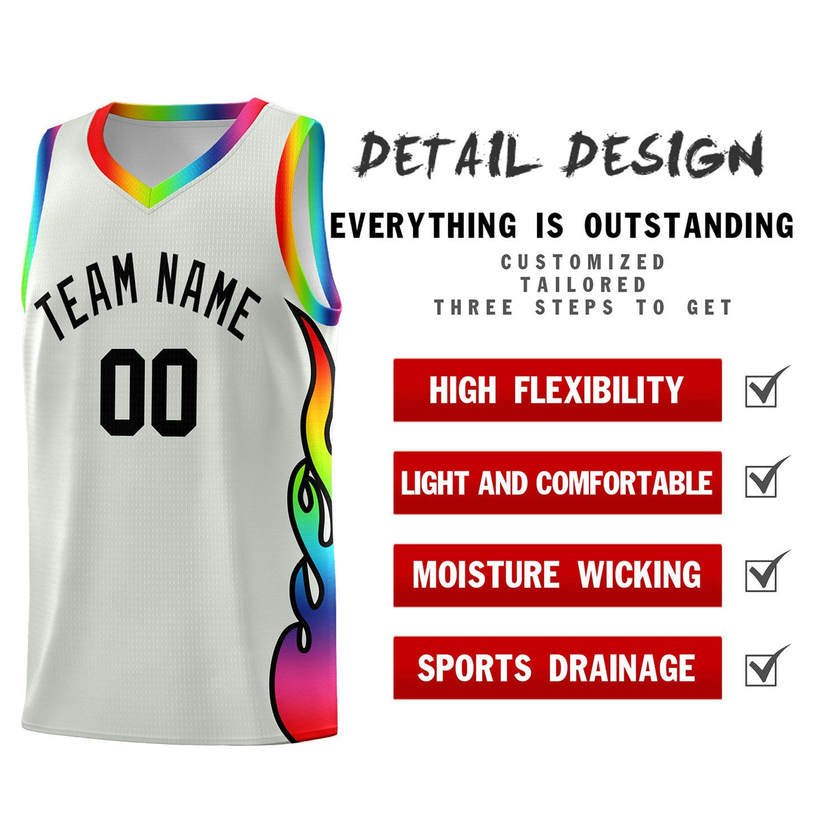 Custom Gray Side Flame Pattern Fashion Sports Uniform Basketball Jersey|KXKSHOP