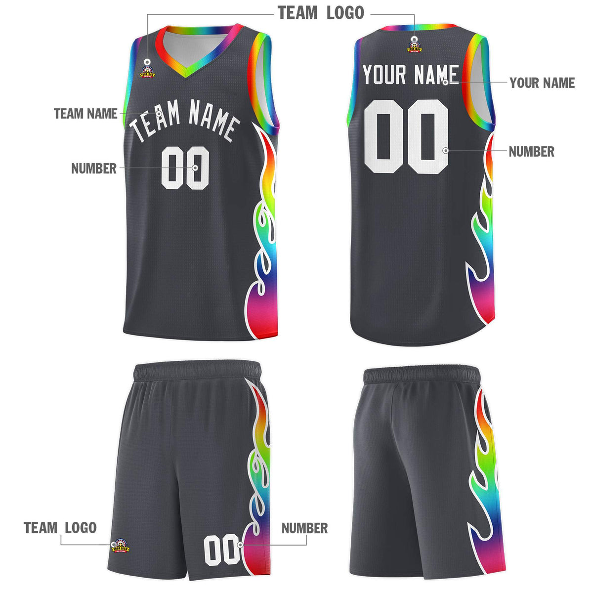 Custom Dark Gray Side Flame Pattern Fashion Sports Uniform Basketball Jersey|KXKSHOP