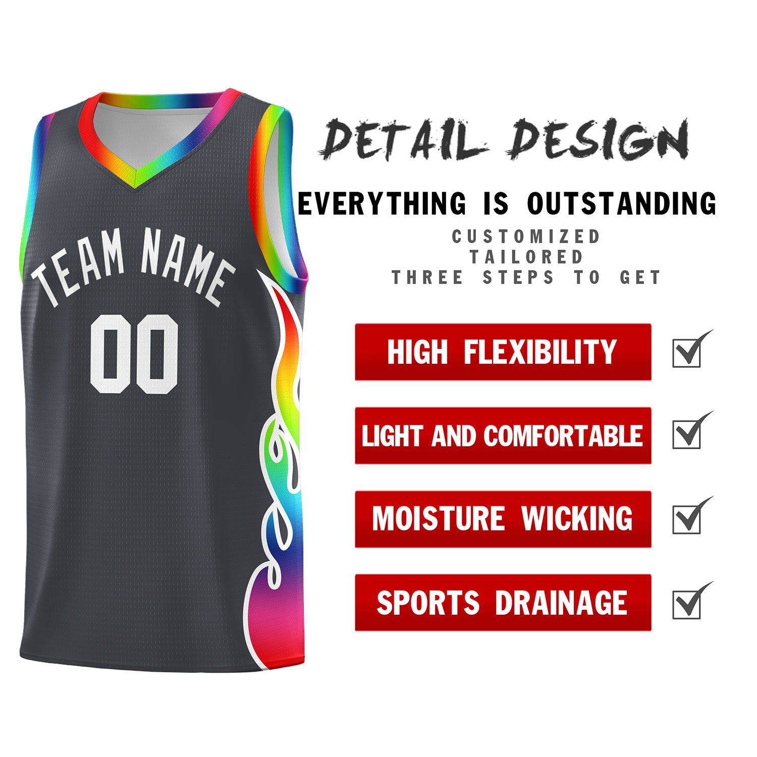 Custom Dark Gray Side Flame Pattern Fashion Sports Uniform Basketball Jersey|KXKSHOP
