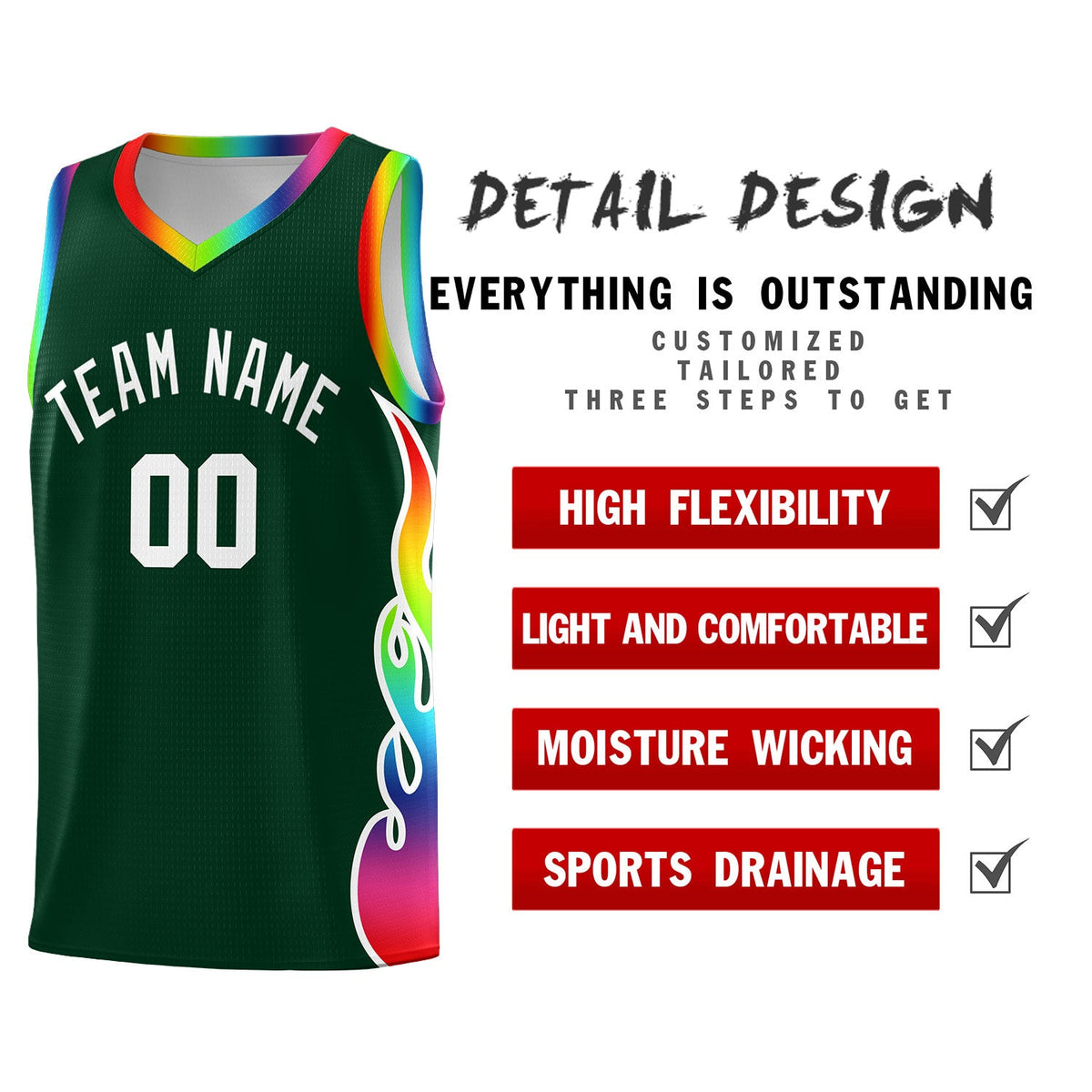 Custom Hunter Green Side Flame Pattern Fashion Sports Uniform Basketball Jersey|KXKSHOP
