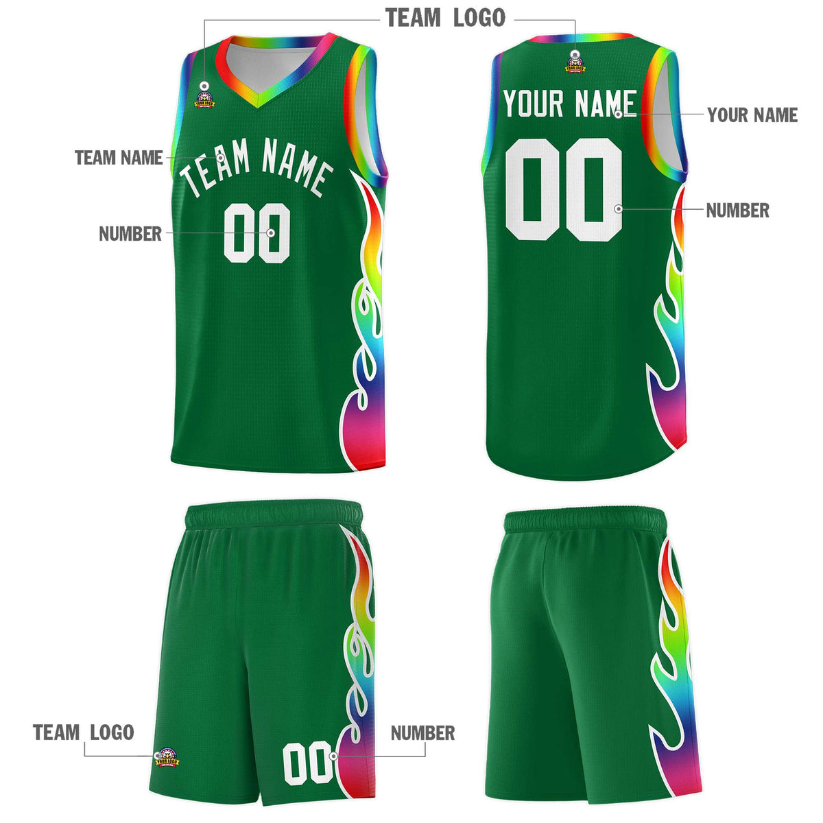 Custom Kelly Green Side Flame Pattern Fashion Sports Uniform Basketball Jersey|KXKSHOP