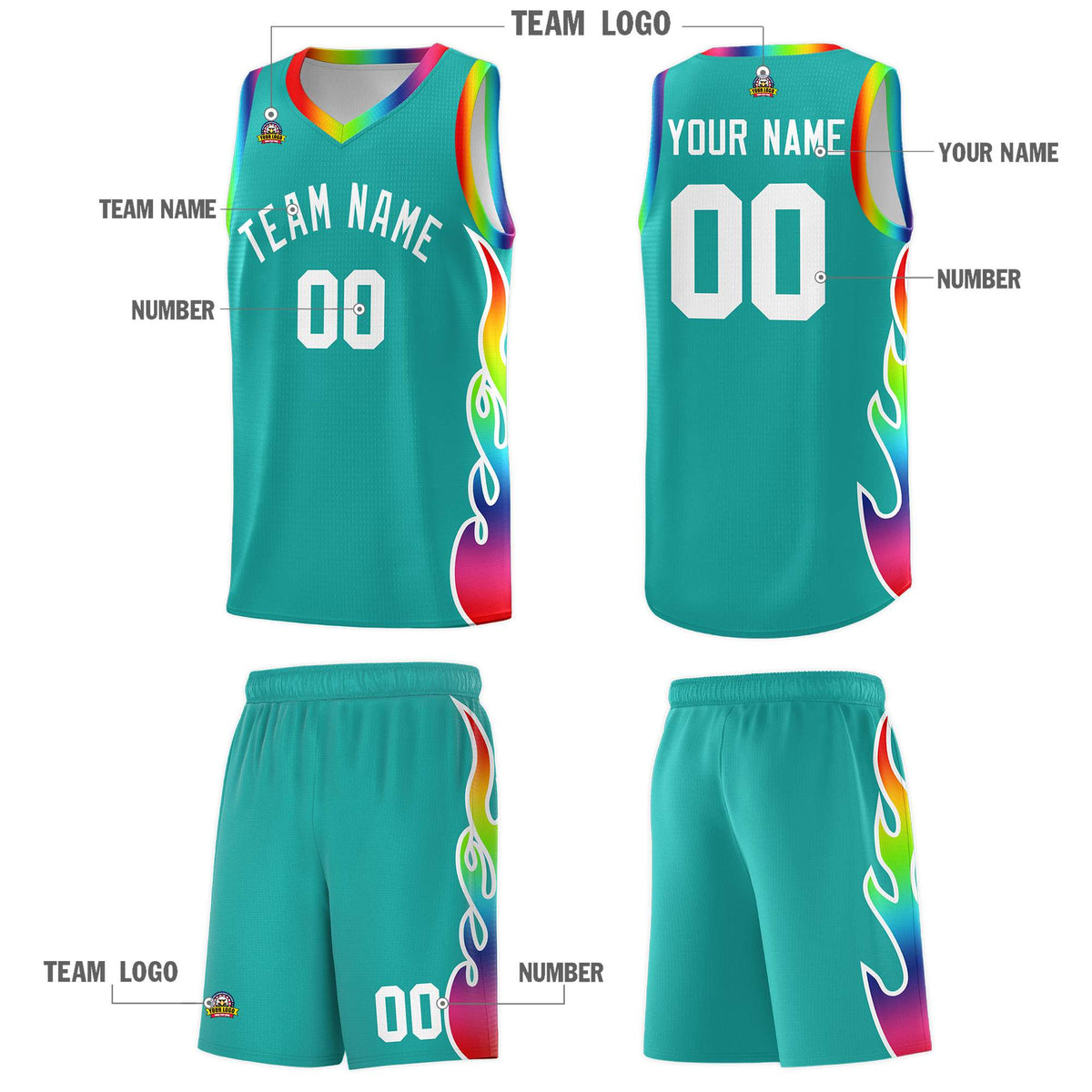 Custom Aqua Side Flame Pattern Fashion Sports Uniform Basketball Jersey|KXKSHOP