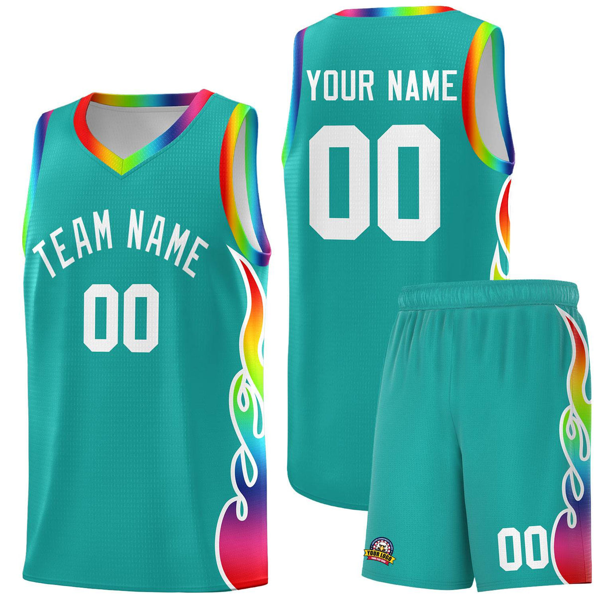 Custom Aqua Side Flame Pattern Fashion Sports Uniform Basketball Jersey|KXKSHOP