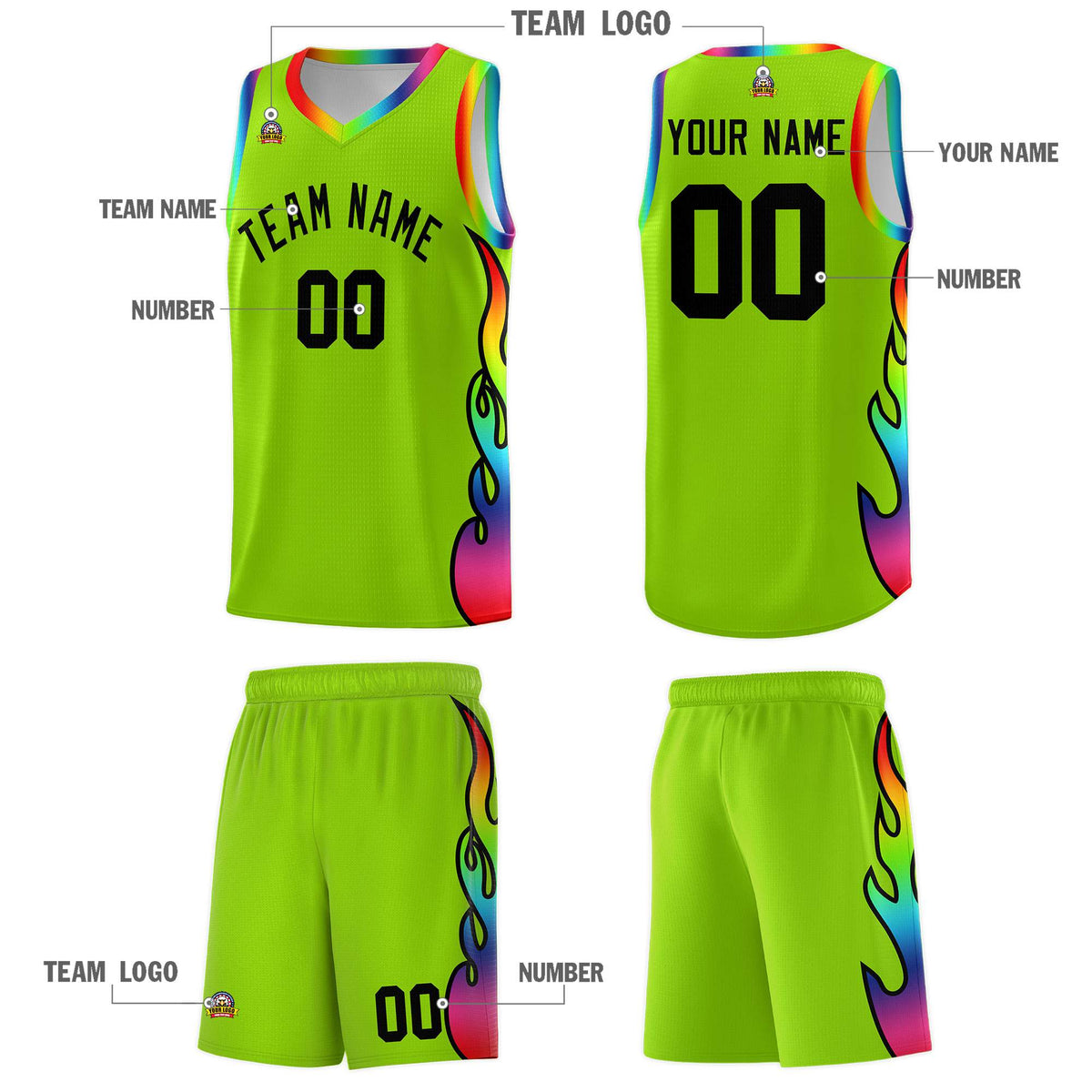 Custom Neon Green Side Flame Pattern Fashion Sports Uniform Basketball Jersey|KXKSHOP