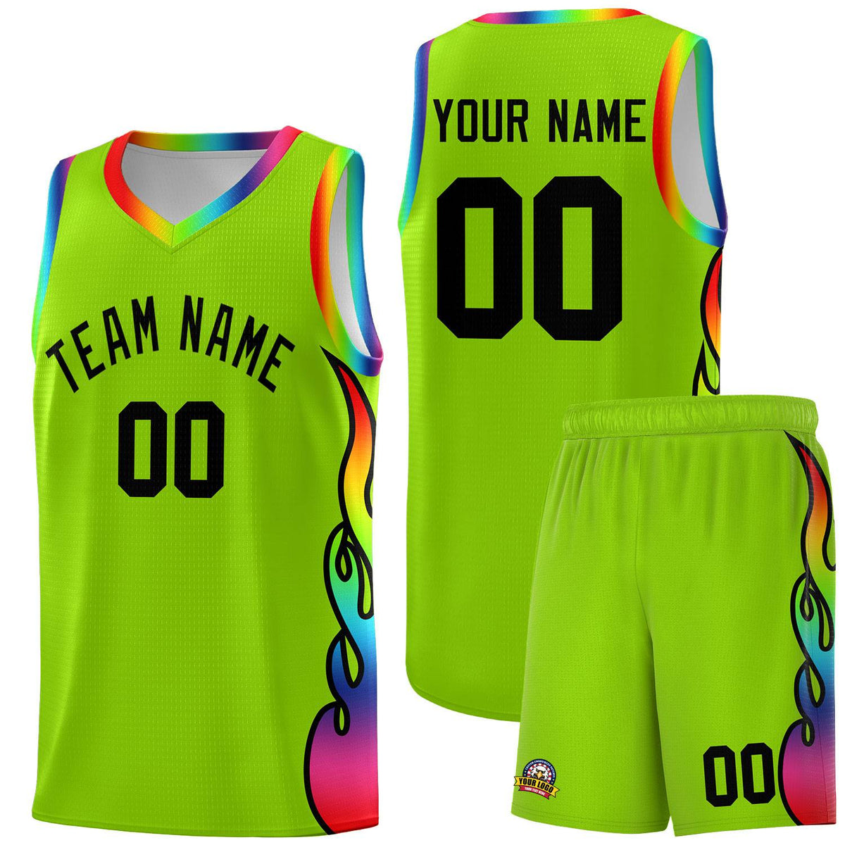 Custom Neon Green Side Flame Pattern Fashion Sports Uniform Basketball Jersey|KXKSHOP