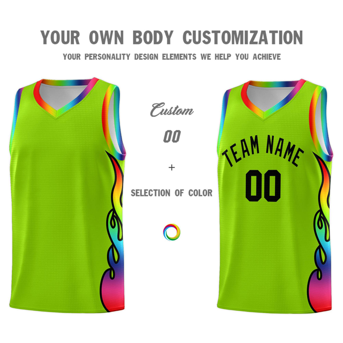 Custom Neon Green Side Flame Pattern Fashion Sports Uniform Basketball Jersey|KXKSHOP