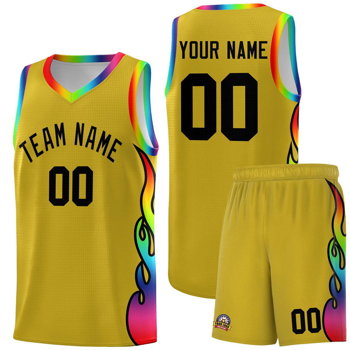 Custom Old Gold Side Flame Pattern Fashion Sports Uniform Basketball Jersey|KXKSHOP