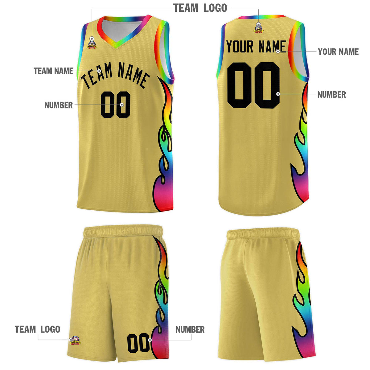 Custom Old Gold Side Flame Pattern Fashion Sports Uniform Basketball Jersey|KXKSHOP