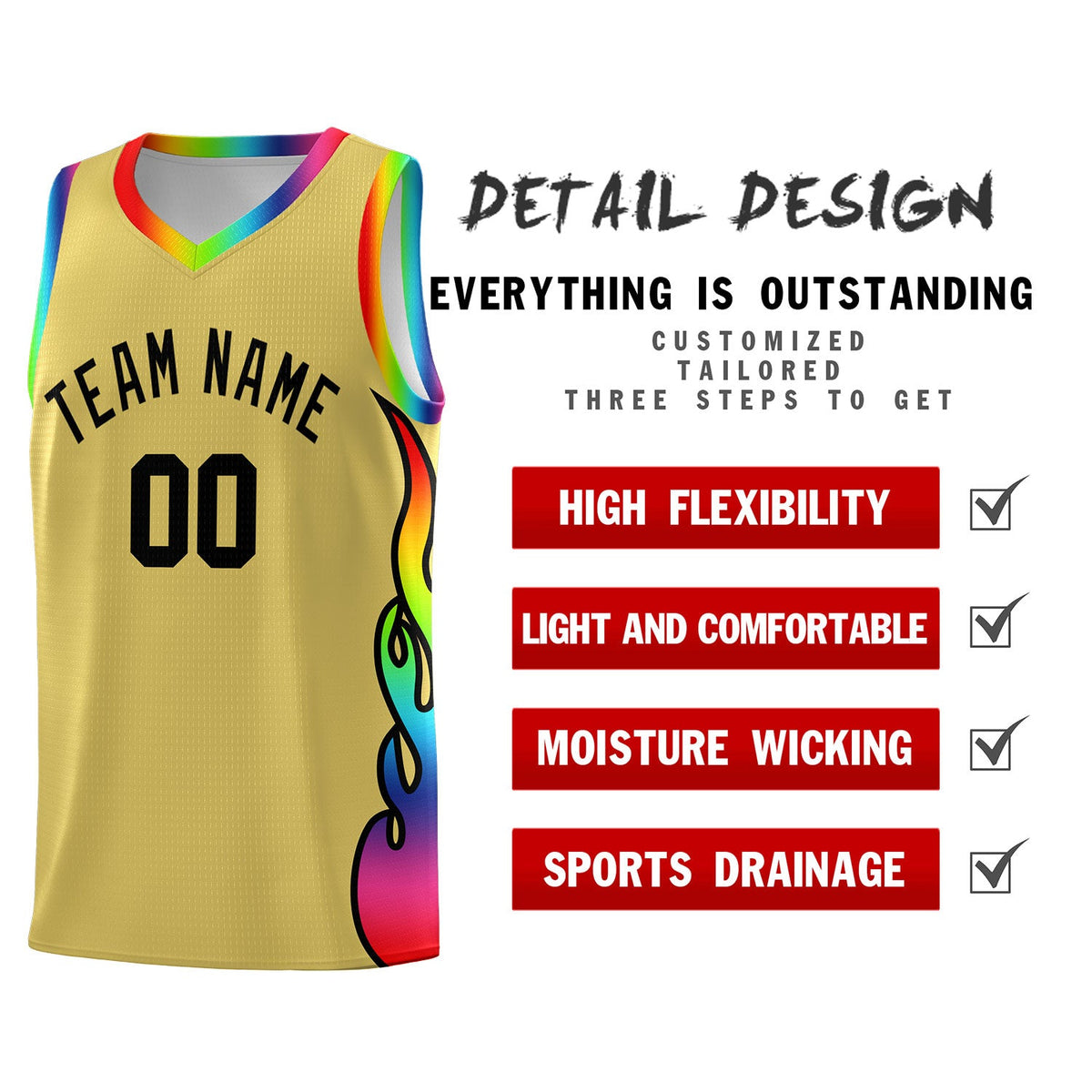 Custom Old Gold Side Flame Pattern Fashion Sports Uniform Basketball Jersey|KXKSHOP