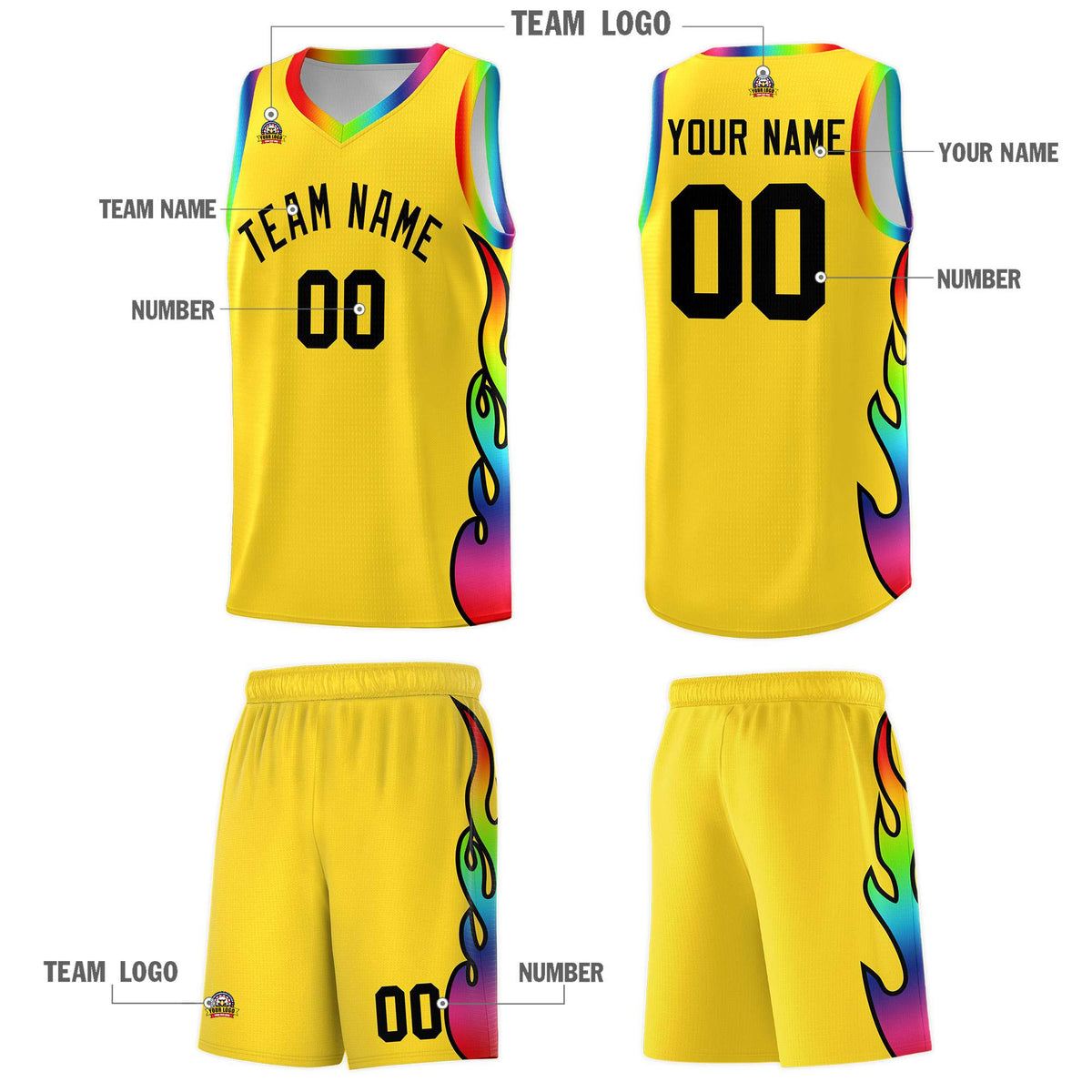 Custom Gold Side Flame Pattern Fashion Sports Uniform Basketball Jersey|KXKSHOP